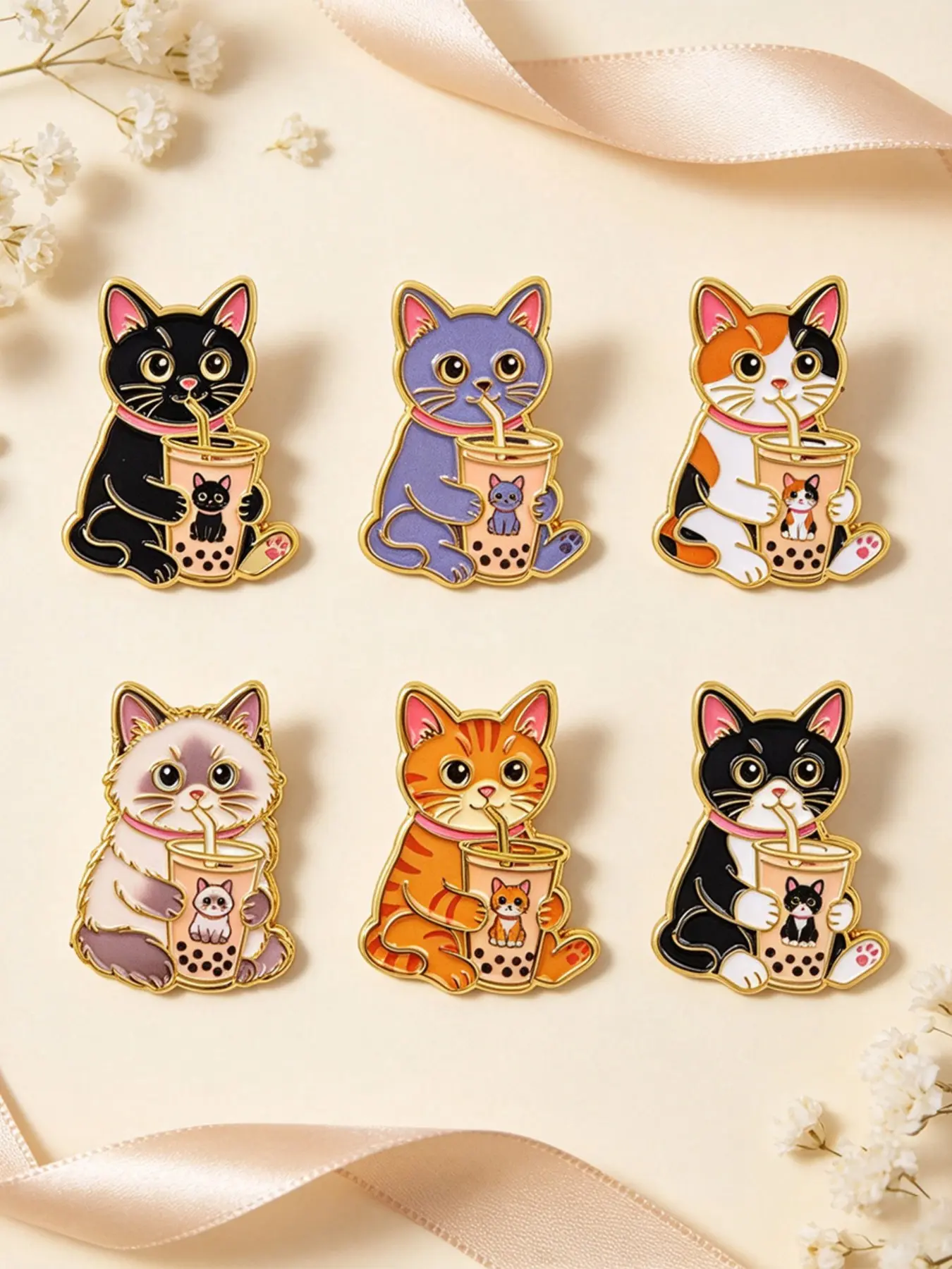 6pcs/set Cute Cat Series Enamel Pins, Cartoon Animal Design Zinc Alloy Fashion Bag Accessories, Ideal Gift for Friends