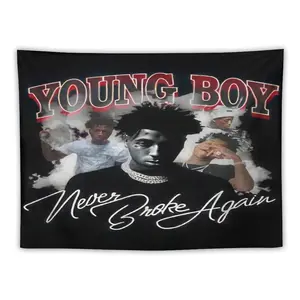 Young Boy Never Broke Again American Flag Tapestry Wall Hanging - Hip-Hop Music Theme, Vibrant Red & White Lettering, 200+ GSM Heavyweight Polyester Peach Light Beige Velvet, Horizontal Woven Decoration Gift for Dorm, Bedroom Room Decor