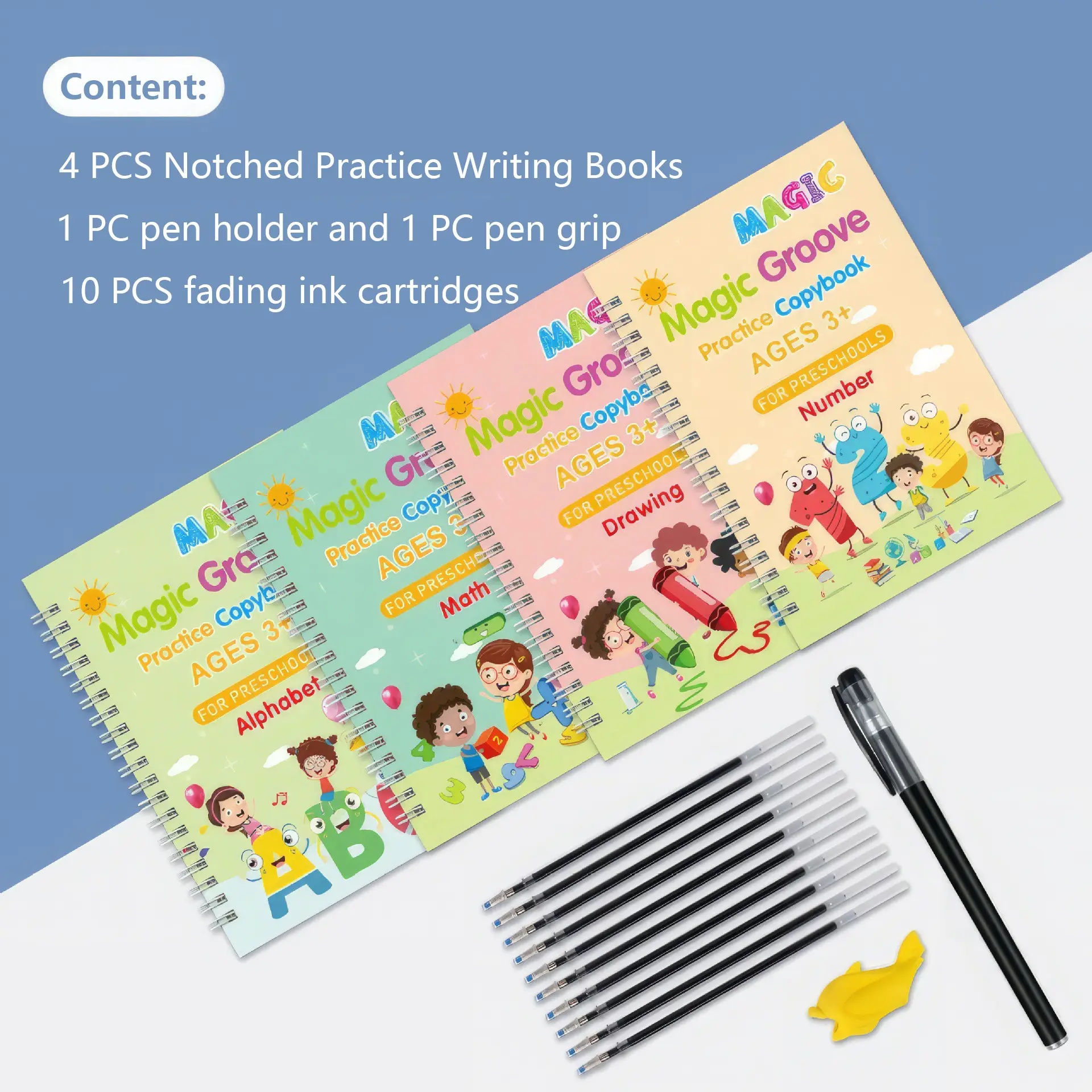 Toddler Early Learning Writing Practice Set, 4-Piece Slot Writing Pad with 10 Special Pens and Pen Gripper, Reusable Control Training, Perfect Back-To-School Gift