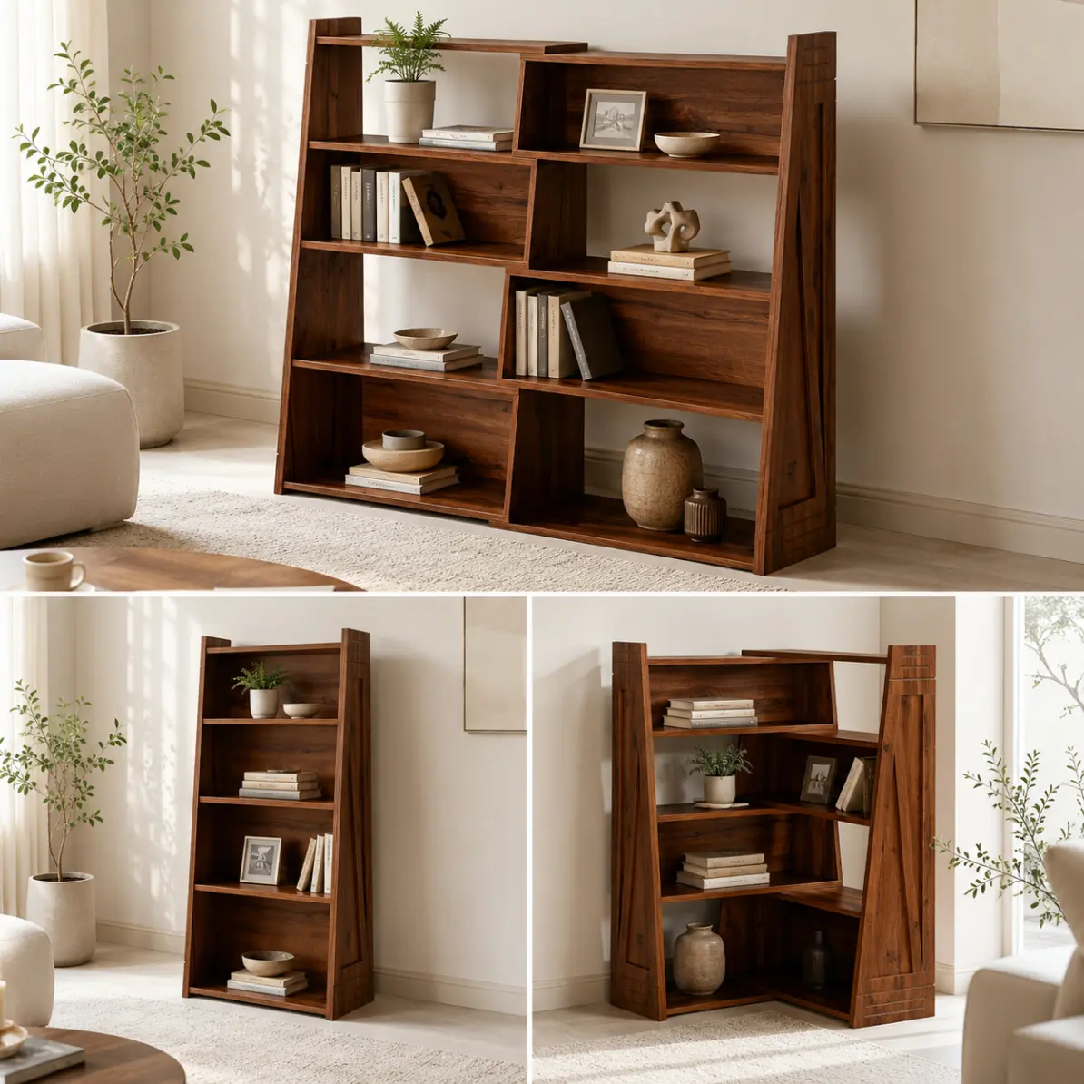Modern Aesthetic 3-in-1 Convertible Walnut Bookshelf - Modular Asymmetrical Narrow Indoor Bookshelf, Staggered Storage Organizer, House Decor Room Accessories Shelves for Living Room & Corner