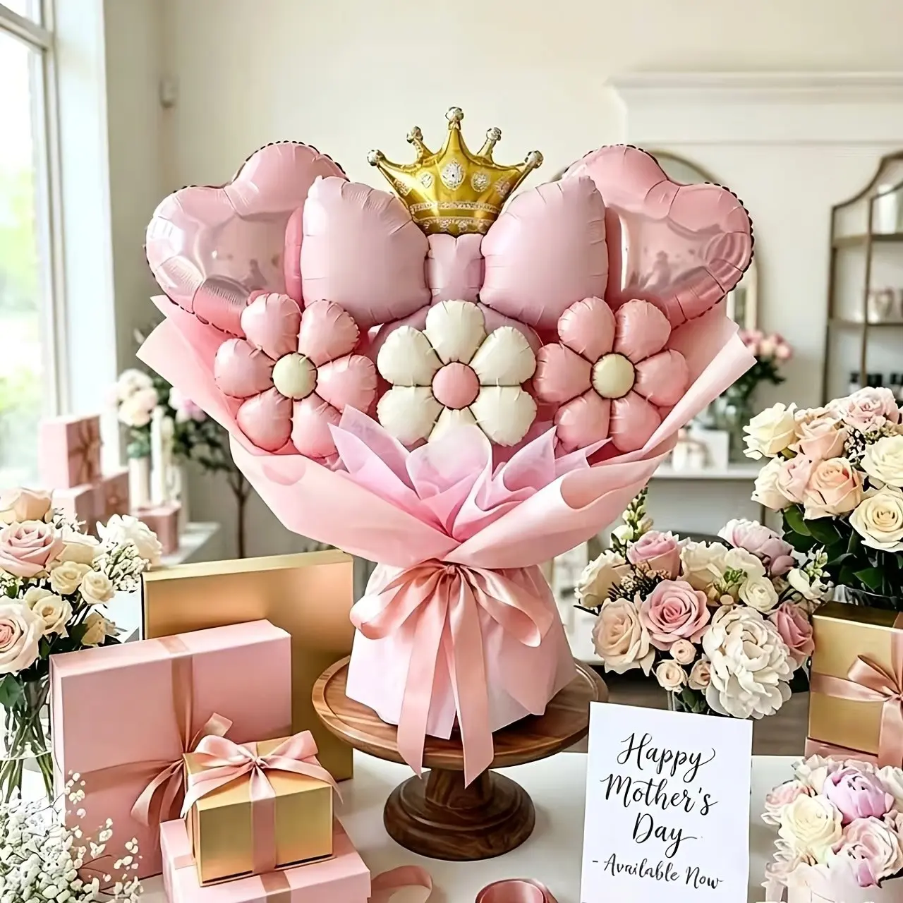 Party Decoration Balloon Set, DIY Balloon Bouquet, Matte Bow, 18-Inch Cream & Floral, Gold Crown, Rose Gold Heart, Daisy Balloons, Flower Balloons