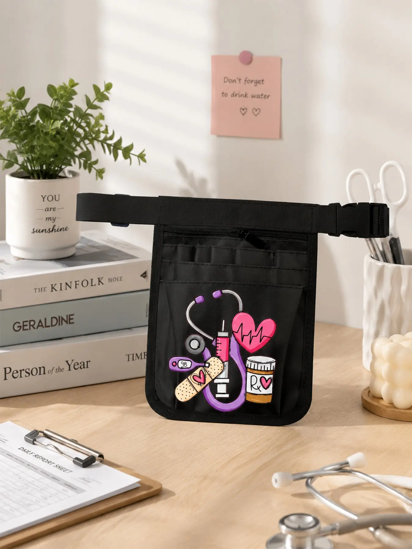 Multifunctional Nurse Theme Storage Bag, Durable Polyester, Foldable, Multiple Compartments, Adjustable Strap, Ideal for Nurses and Professionals