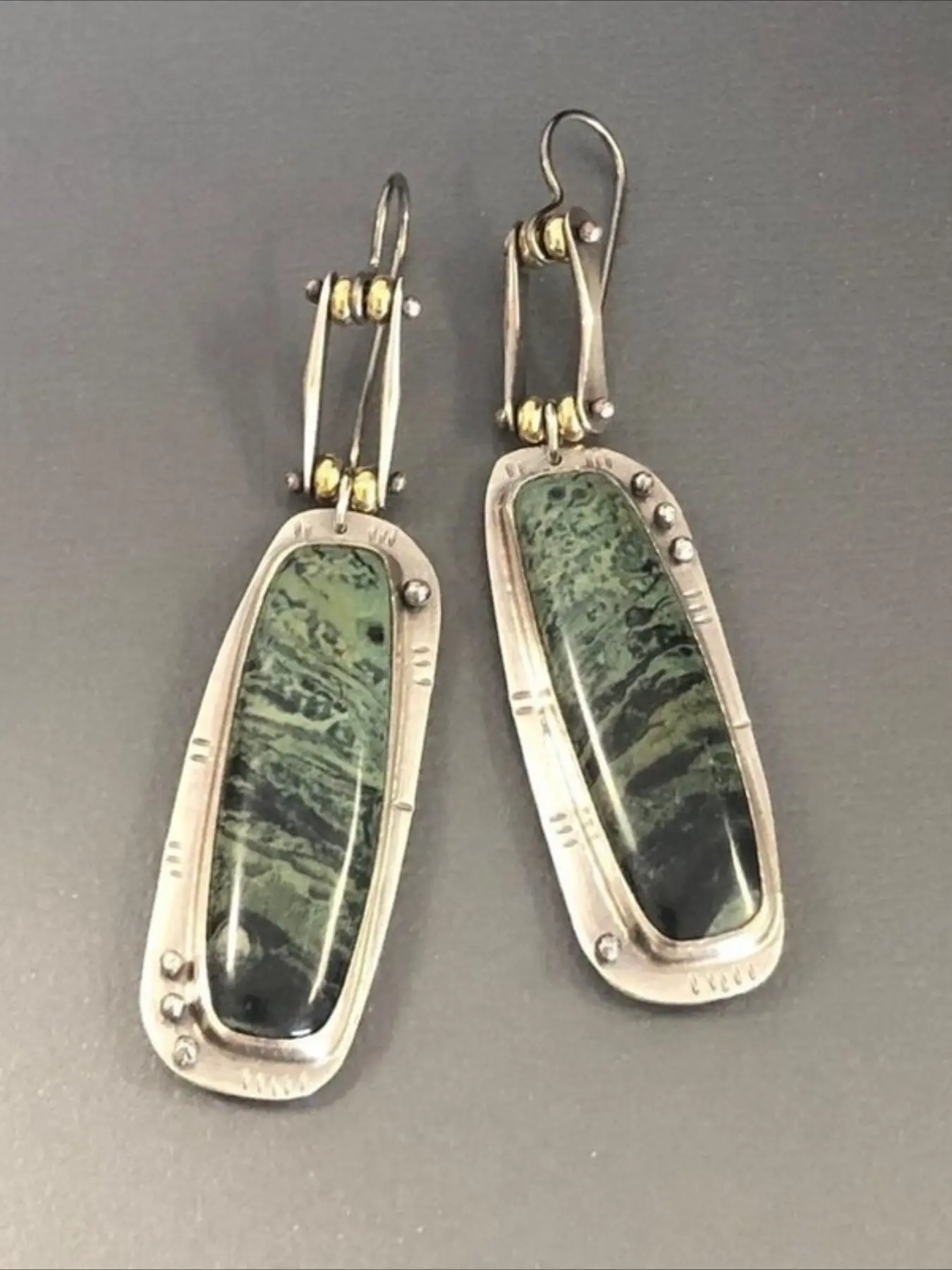 Artisan Handmade Green Jasper Drop Earrings, Bohemian Statement Dangle Earrings, Unique Natural Stone Jewelry