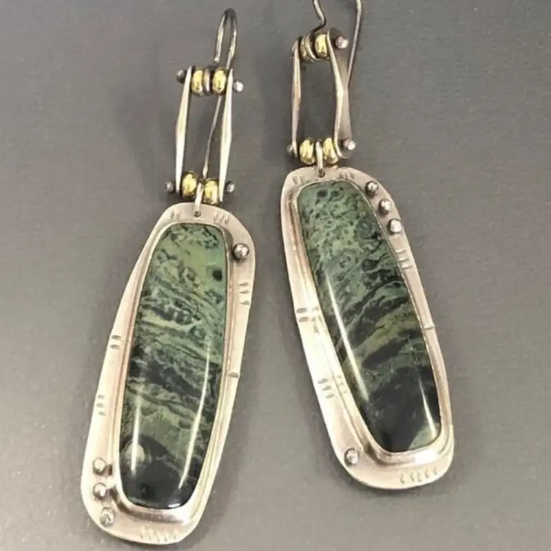 Artisan Handmade Green Jasper Drop Earrings, Bohemian Statement Dangle Earrings, Unique Natural Stone Jewelry