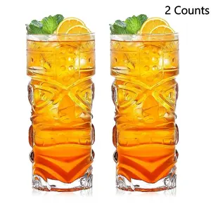 Pacific Tropical Tiki Glasses Set of 2 - Premium Crystal Clear Glass Tumbler, Stylish Tiki Glassware Bar Accessories and Cocktail Glass Gift Set, for Cocktails, Lemonade, Ice Tea, Mixed Drinks