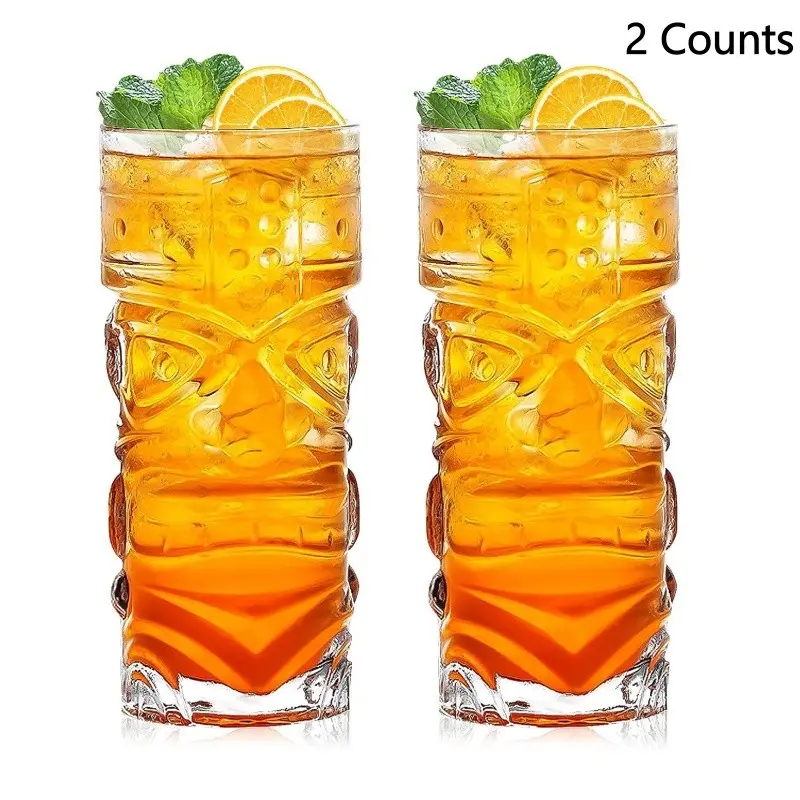 Pacific Tropical Tiki Glasses Set of 2 - Premium Crystal Clear Glass Tumbler, Premium Drinking Glasses, Stylish Tiki Glassware Bar Accessories and Cocktail Glass Gift Set, for Cocktails, Lemonade, Ice Tea, Mixed Drinks