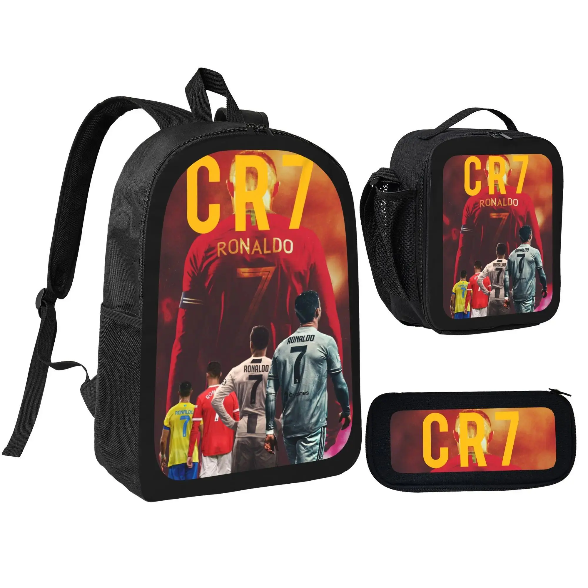 CR7 Cristiano Ronaldo Backpack Set, 3 in 1 Football Star Print School Backpack with Insulated Lunch Bag and Pencil Case, Lightweight Casual Bookbag Aesthetic Daypack for Boys Teens Youth School Outdoor Travel