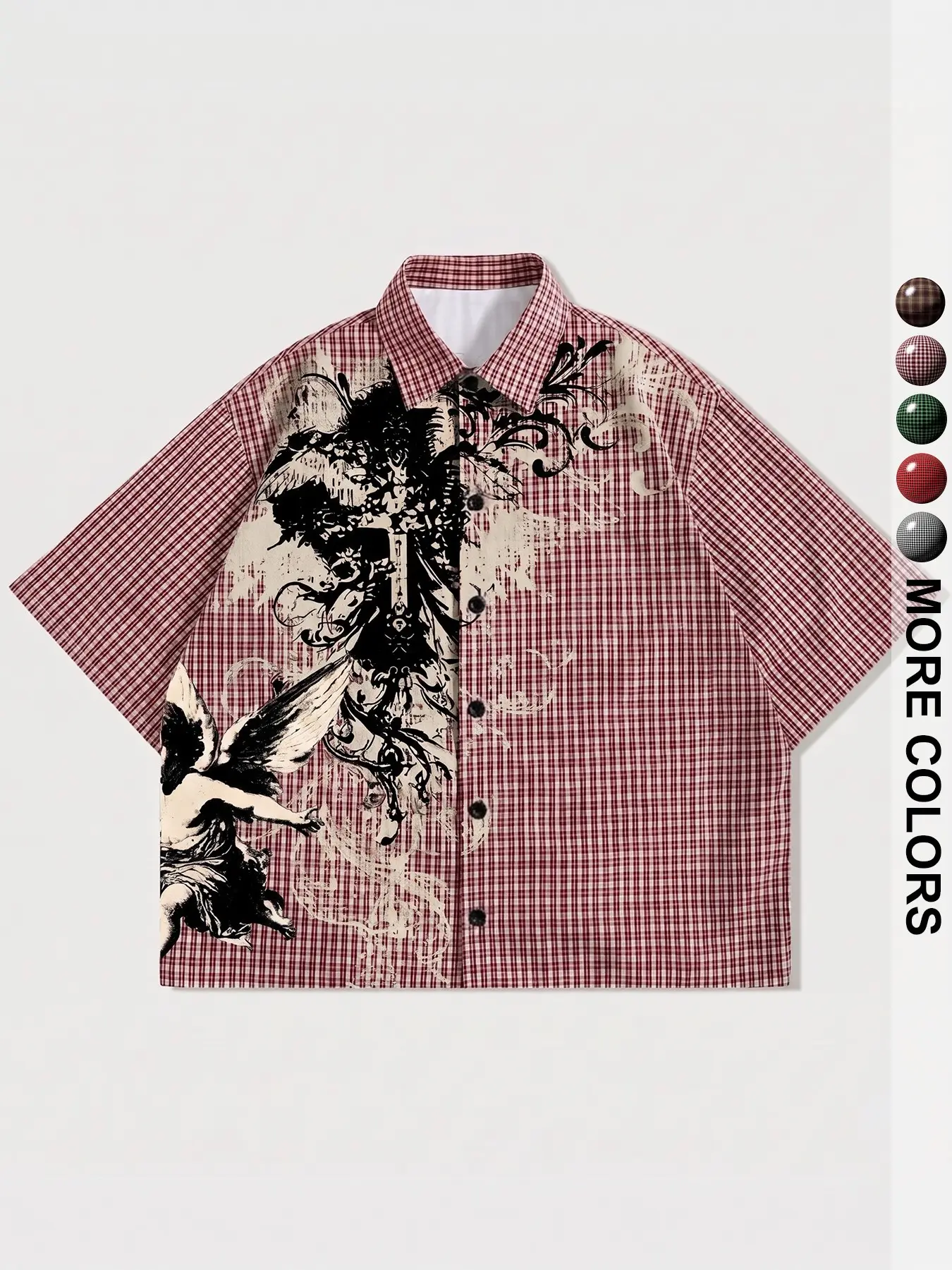 Gothic Thorn Cross Print Blouse, Checkered Short Sleeve Shirt, Subculture Y2K Loose Fit, Unisex Long Casual Top