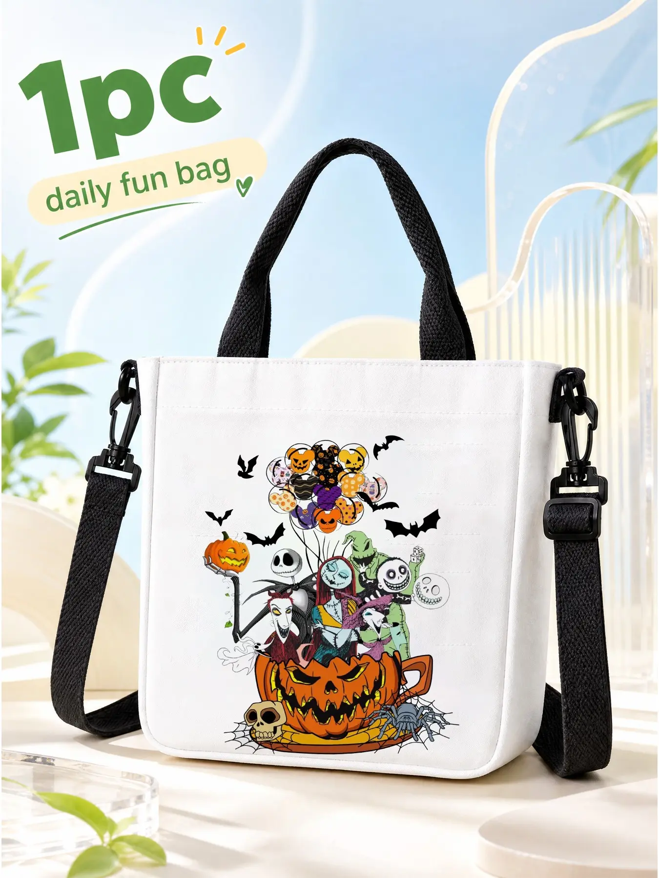 Halloween Pumpkin Skeleton Canvas Tote Bag for Women, White Gothic Cartoon Crossbody Shoulder Bag, Spooky Holiday Graphic Handbag, Halloween Party Bag, Halloween Gift, Christmas Gift, Birthday Gift