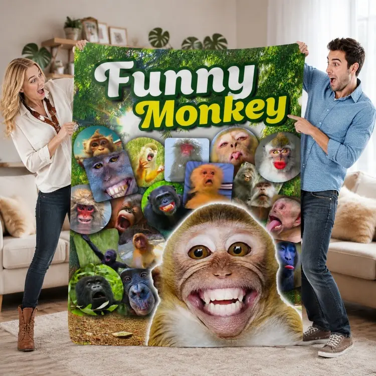 Funny Monkey Face Collage Flannel Blanket - Extra Large Soft Throw for Couch, Bed, Sofa - Lightweight & Breathable All-Season Cozy Blanket - Perfect Gift for Home Decor & Pranksters -,Bed Accessory, Skinfriendly Fabric, Contemporary Style