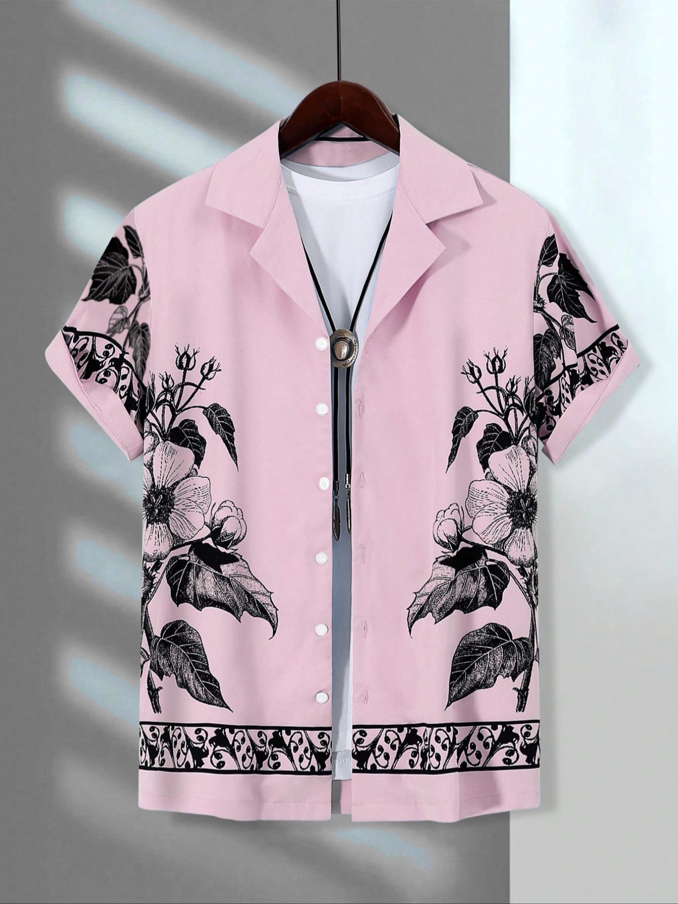 Men's Floral Print Short Sleeve Shirt, Casual Style Shirt, Regular Fit Casual Button Front Collared Top for Summer, Men's Clothes for Beach Vacation, Menswear, Casual Stylish Menswear