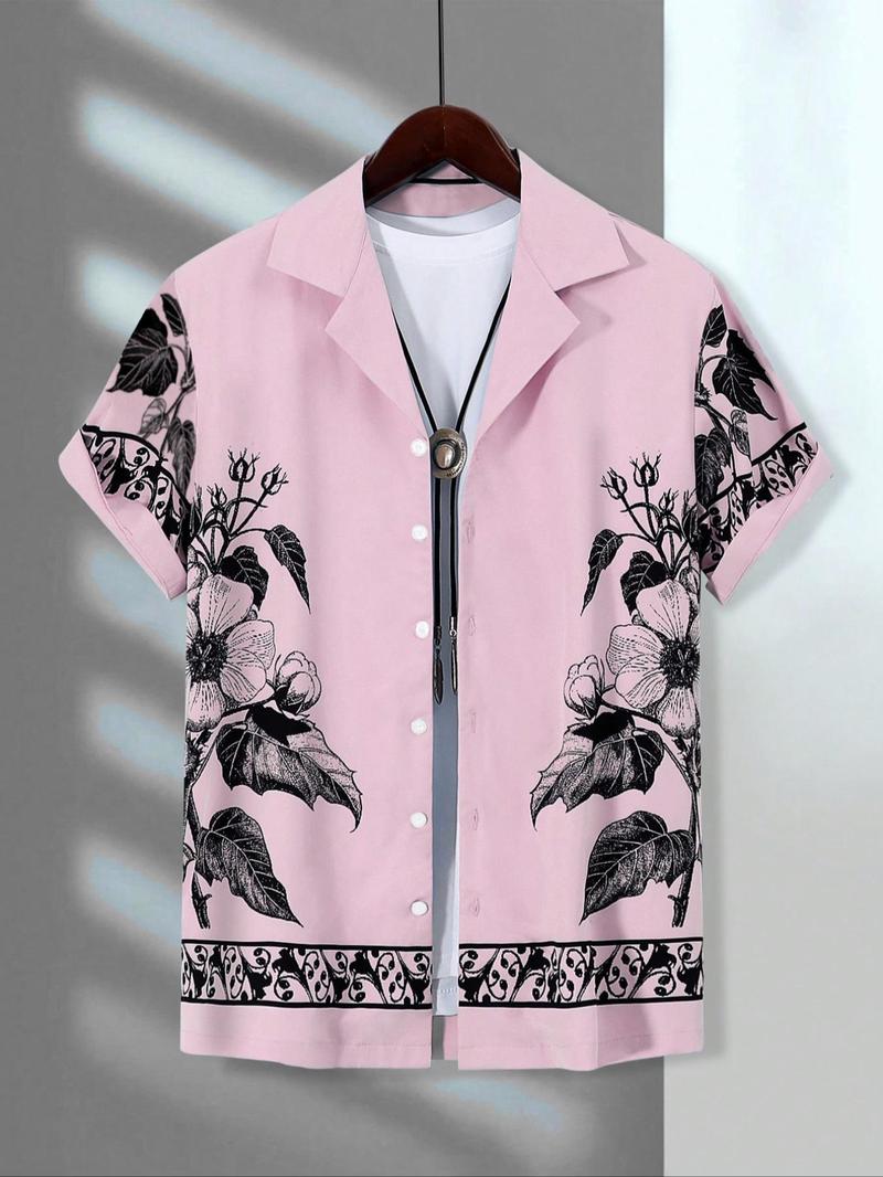 Men's Floral Print Short Sleeve Shirt, Casual Style Shirt, Regular Fit Casual Button Front Collared Top for Summer, Men's Clothes for Beach Vacation, Menswear