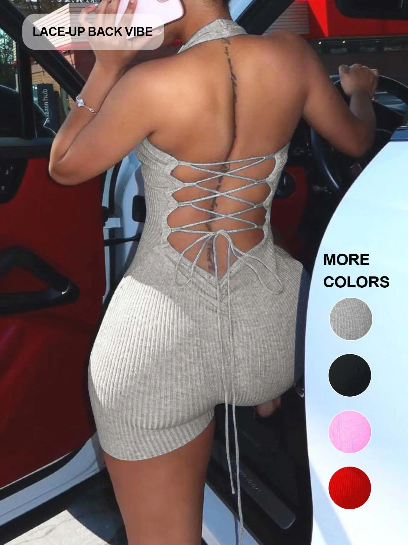 New Summer Women's Halter Backless Tie Waist Solid Color Slim Fit Sexy Chic Versatile Sleeveless Romper
