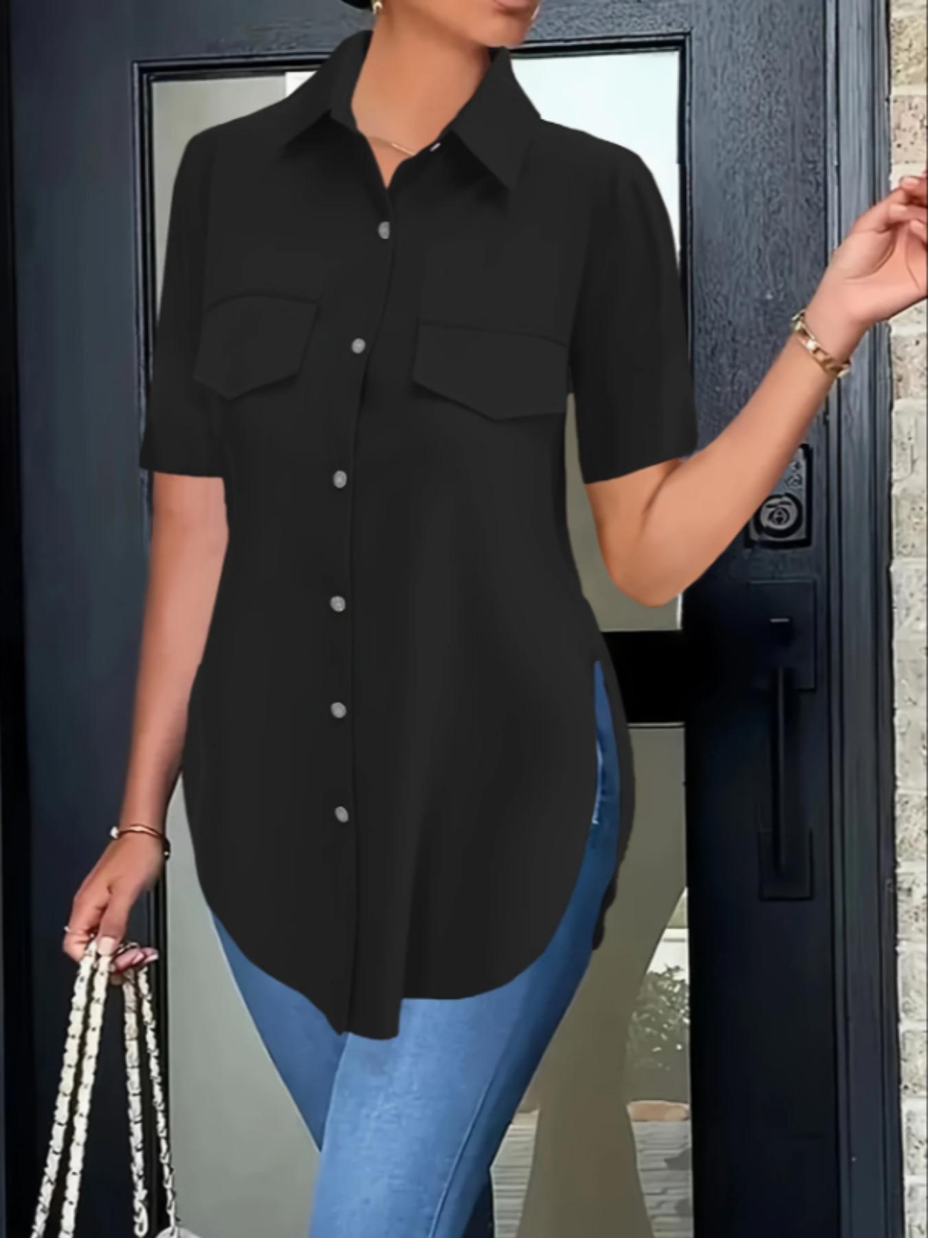 Women's Plain Short Sleeve Button Shirt, Casual Top for Daily Wear, Ladies Clothes for Summer