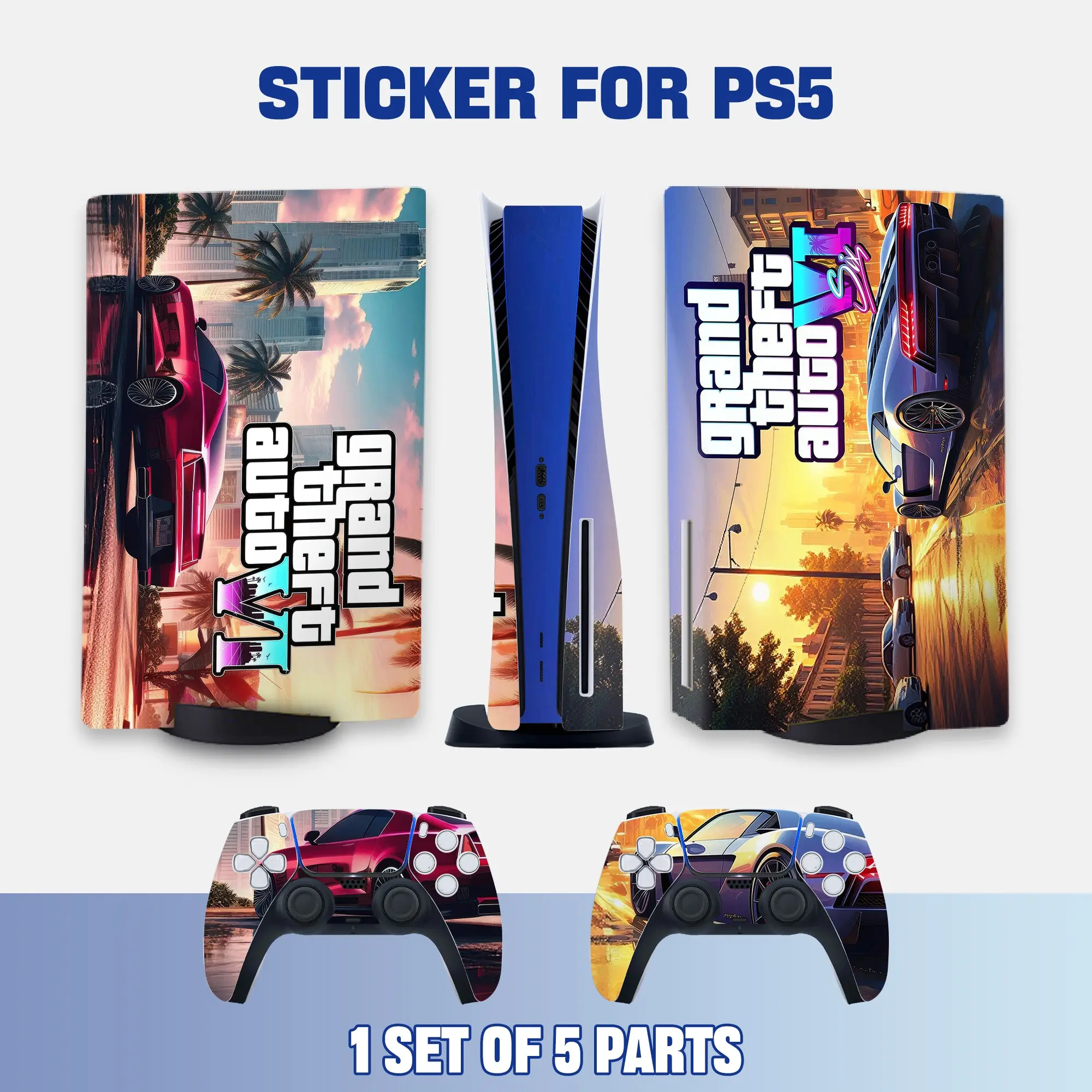 Coastal City Sports Car Sunset Style PS5 Disc Edition Vinyl Skin Sticker for Console & Controllers, Waterproof, Scratch-Resistant, Dustproof, Removable & No Residue