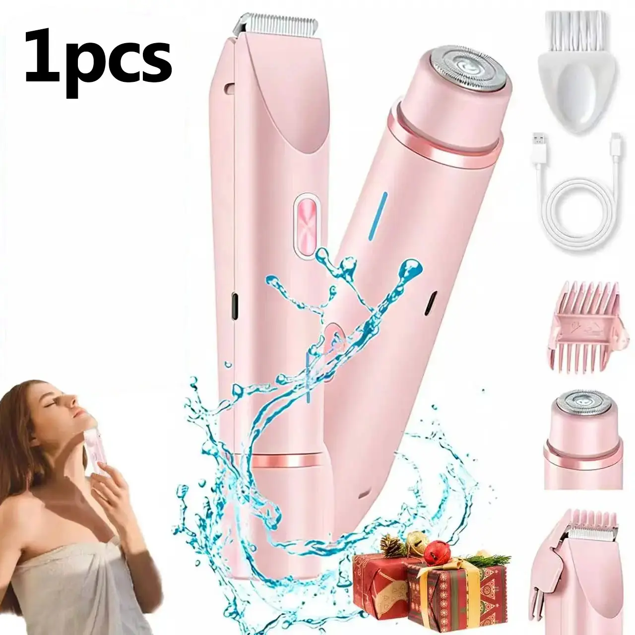 Women’s Cordless 2-in-1 Electric Shaver and Trimmer – Dual titanium-ceramic blades, 10,000 RPM quiet motor, IPX7 waterproof rating, detachable steel components, portable personal care gift set, suitable for adults (gift for women)