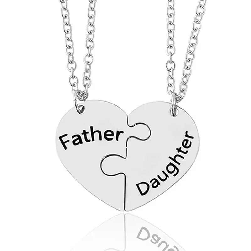 Elegant 2-Piece Heart Puzzle Metal Coating Stainless Steel Long Letter Pendant Necklace Set, Daily Unisex Family Jewelry for Father Daughter Mother Son