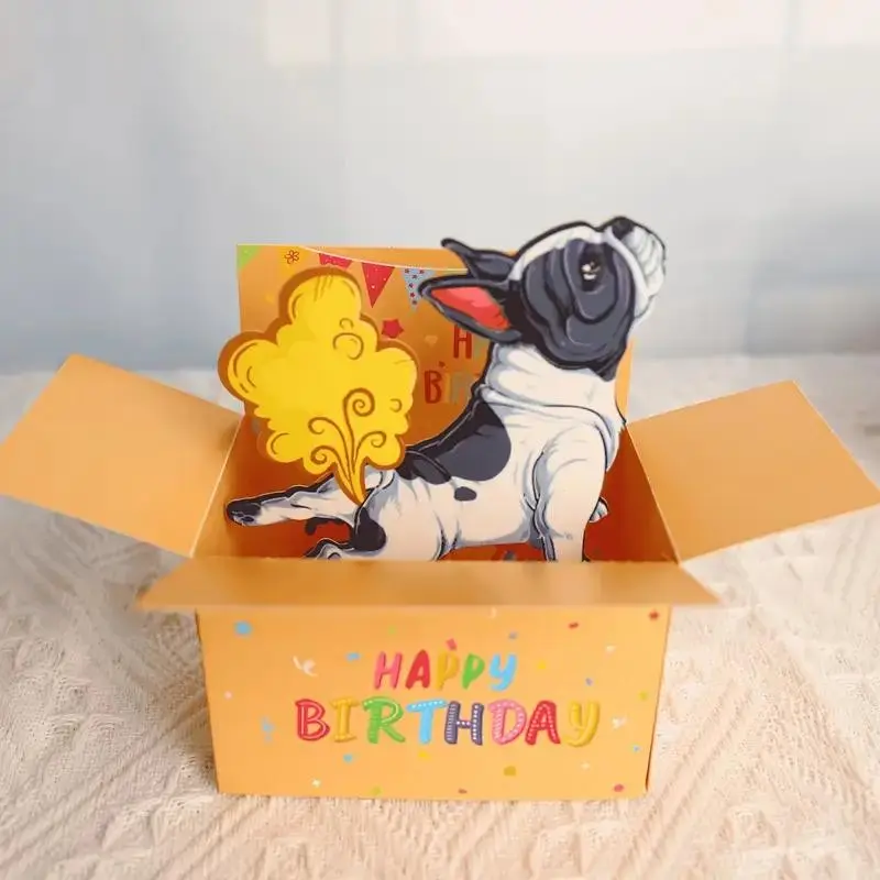Funny French Bulldog Birthday Card, 3D Dog Party Hat with Colorful Confetti Envelope, Humorous Pet Invitation, Bright Print, Decorative Paper