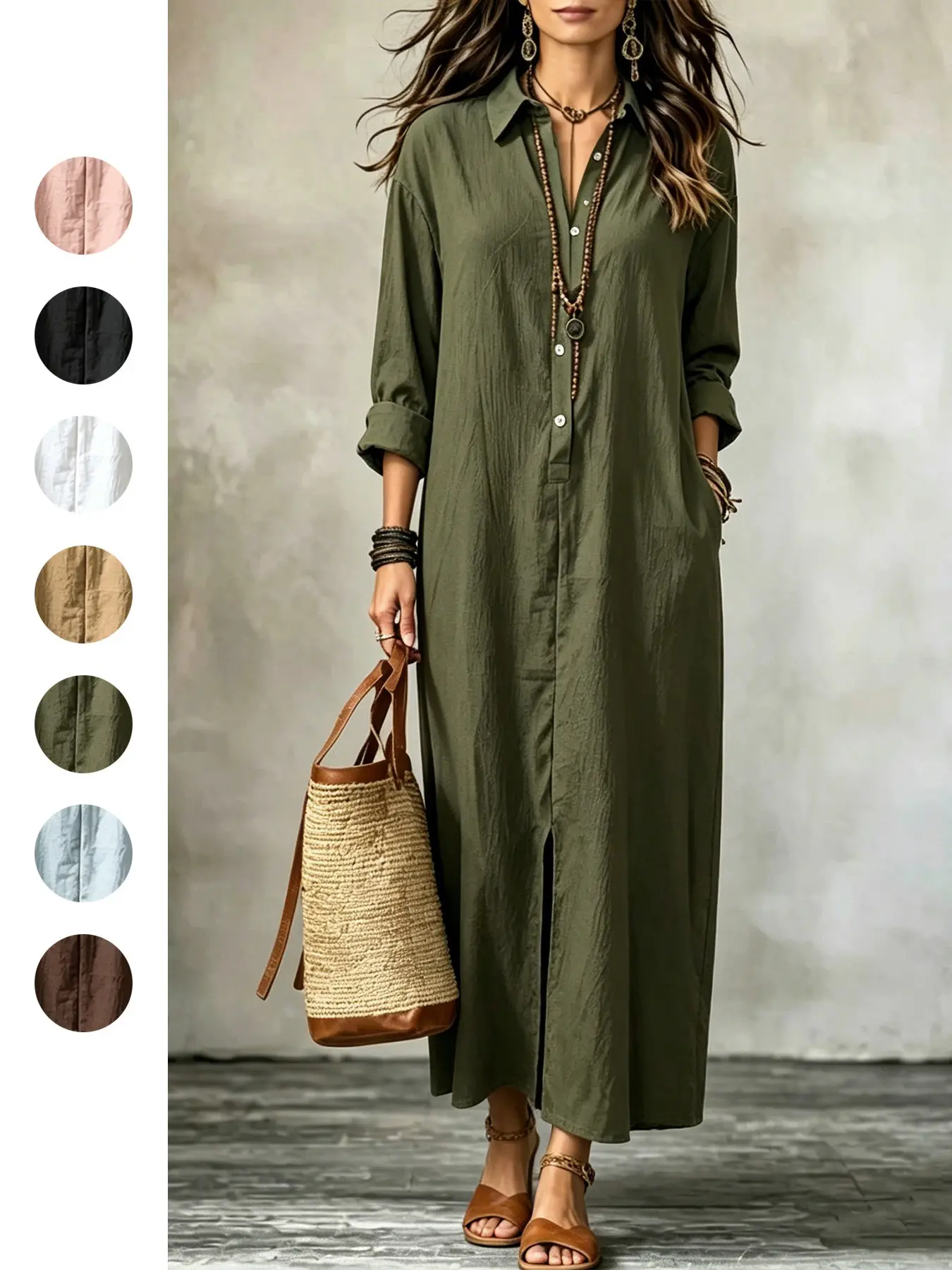 2026 Spring Summer Casual Plain Midi Dress, Three Quarter Sleeves, Loose Fit, Front Split, Pocket Design, Office & Leisure Wear