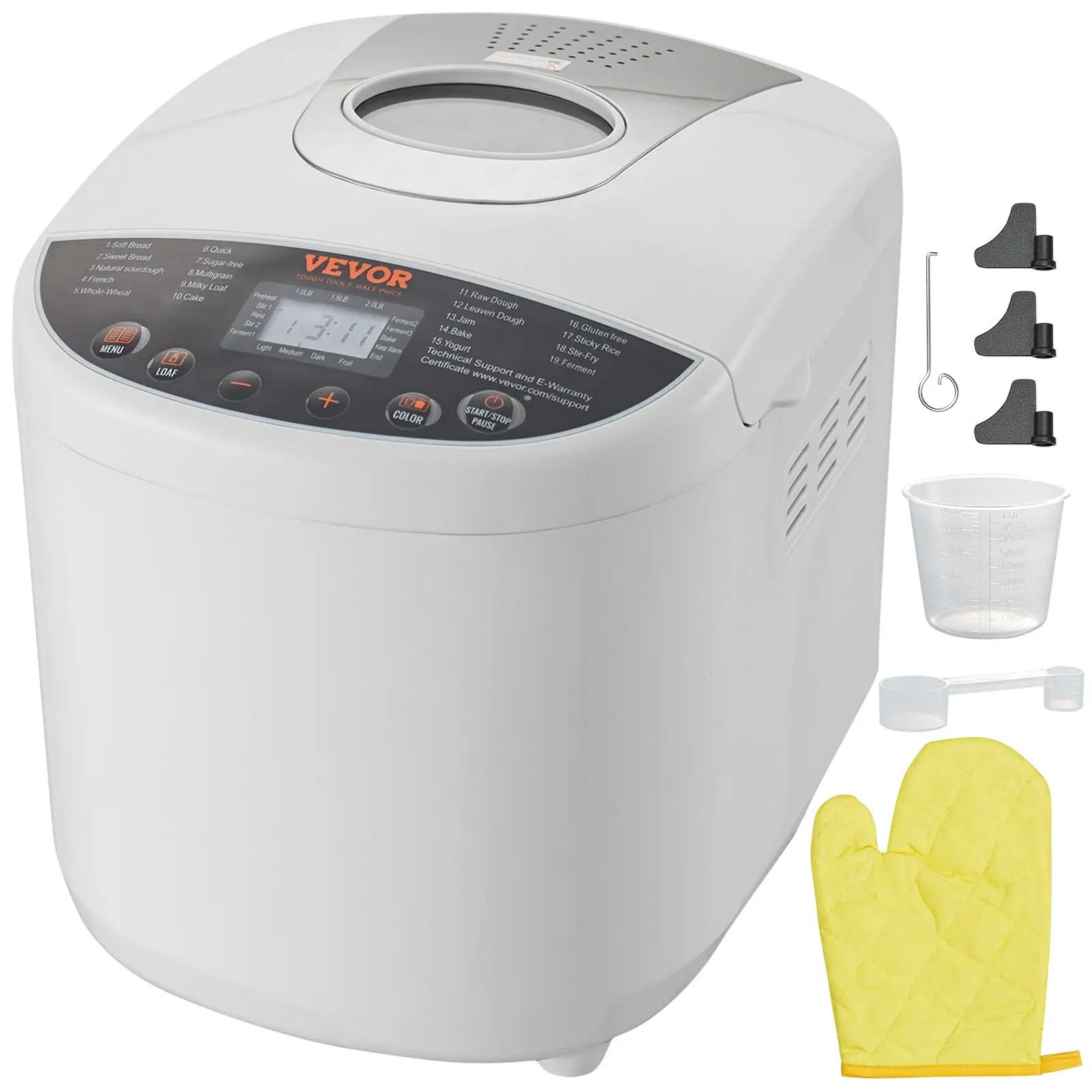 VEVOR 650W Digital Bread Maker with Vent & Digital Display, 19 Menu Options, 2 LB Nonstick Ceramic Pan, 15-Hour Reservation, 3 Capacity Choices, 3 Crust Colors, Gluten-Free Setting, Programmable Dough Machine for Whole Wheat Baking