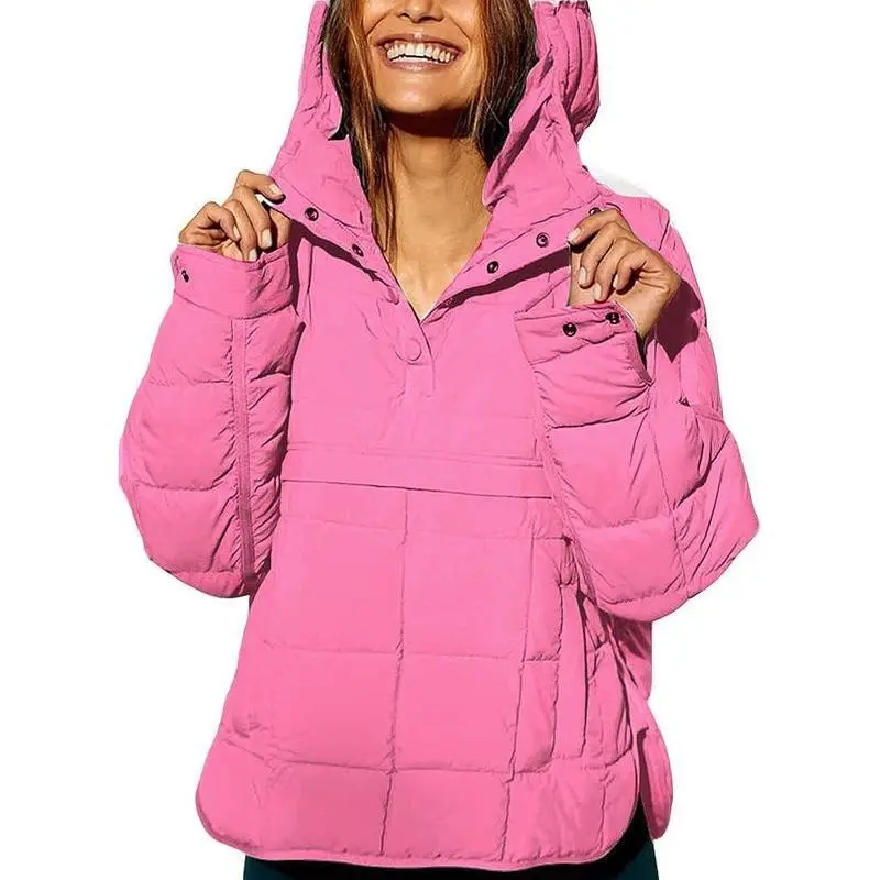 Women's Oversized Puffer Jacket - Lightweight Quilted Hooded Coat - Warm Winter Pullover with Padded Hood
