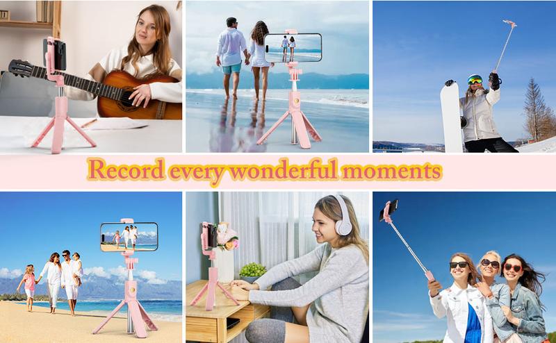 Pink Selfie Stick Tripod, with Wireless Remote Control, Live Streaming Video Recording, Compatible with Android, iPhone More