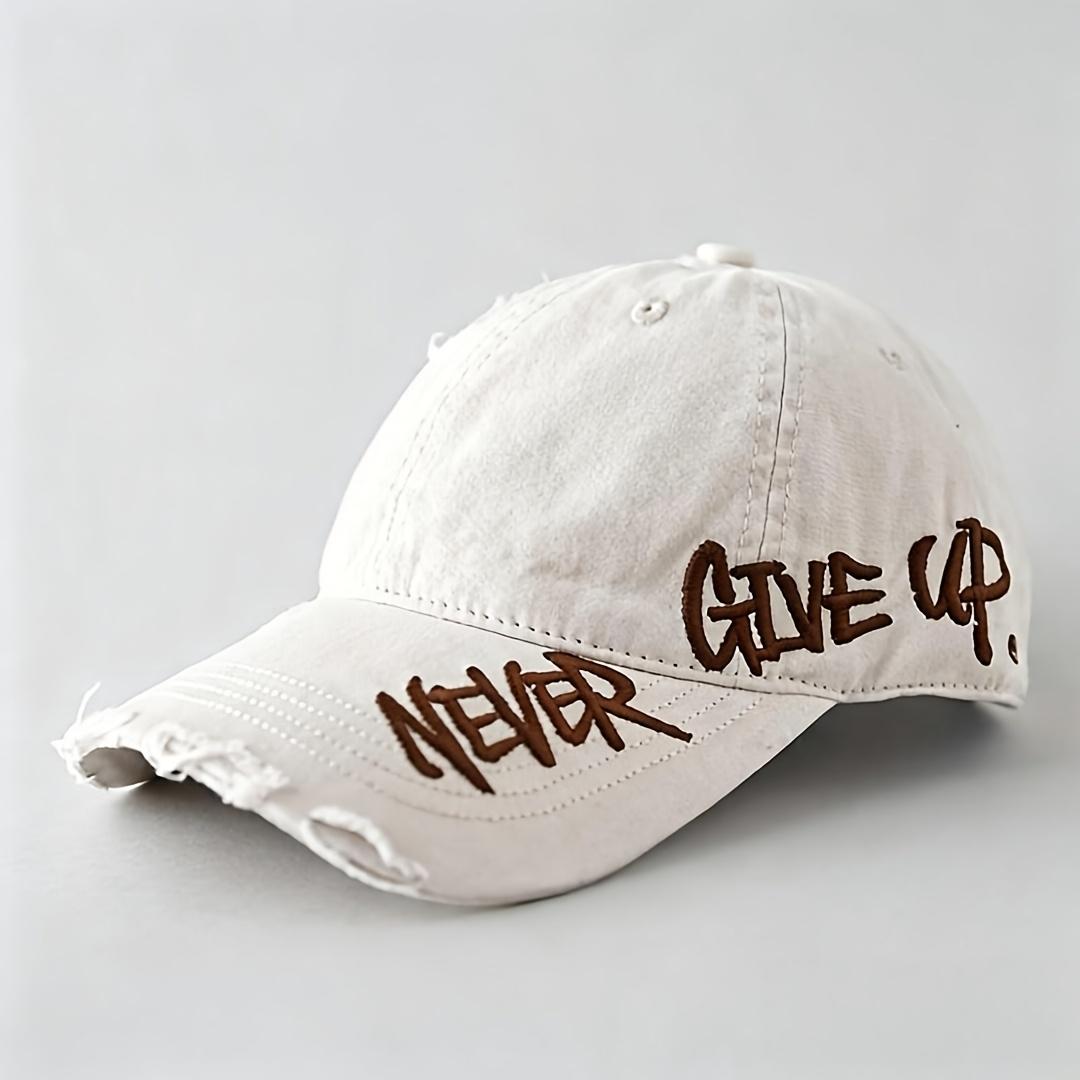 Vintage Washed Baseball CapTrending Coastal Grandmother Aesthetic "Never Give Up" Embroidered Distressed Cotton Hat Adjustable Casual Hat for Daily commute Vacation