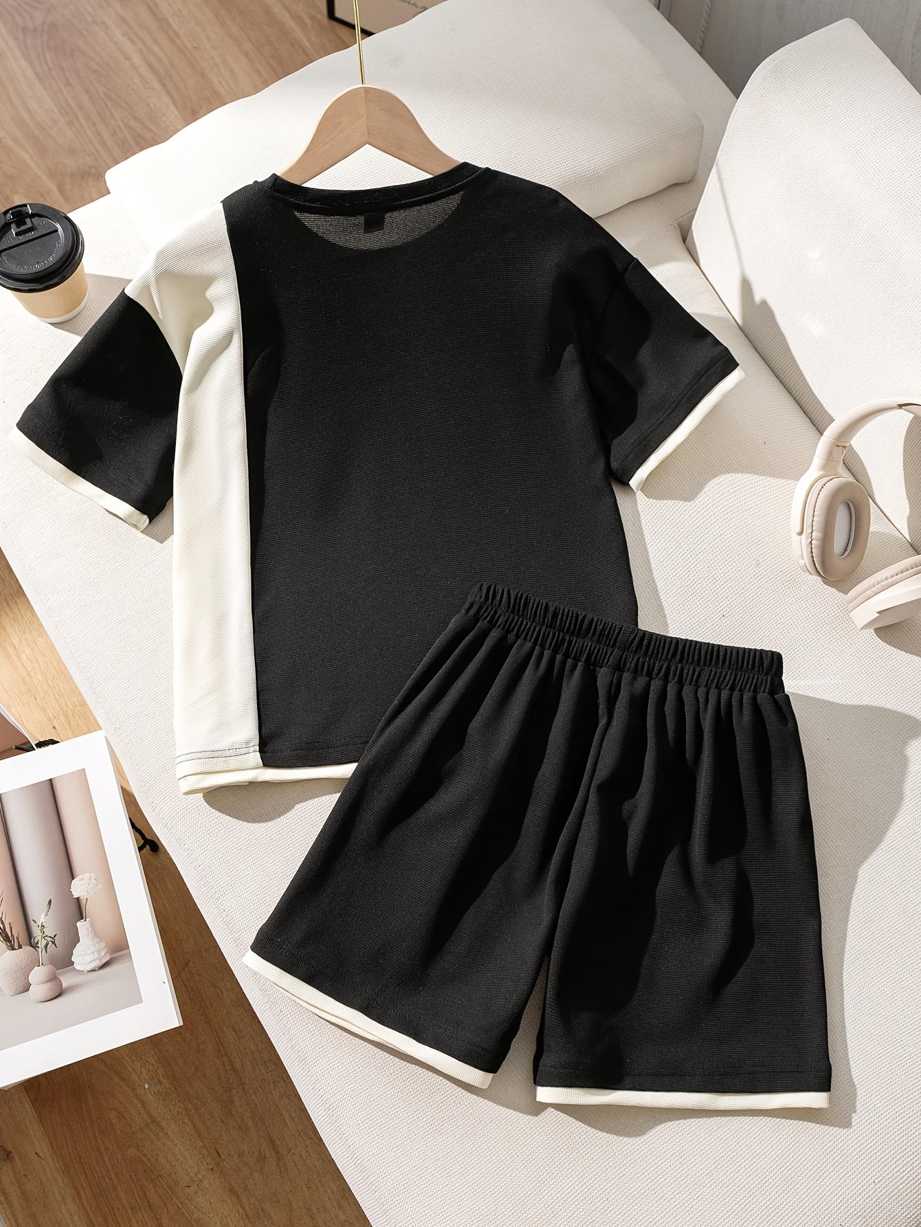 NewBoys' Summer Shorts Set, New Stylish 2pcs Outfit with Short Sleeves, Lightweight Color-Blocked Sportswear for Kids, Perfect for Outdoor(Gift)11