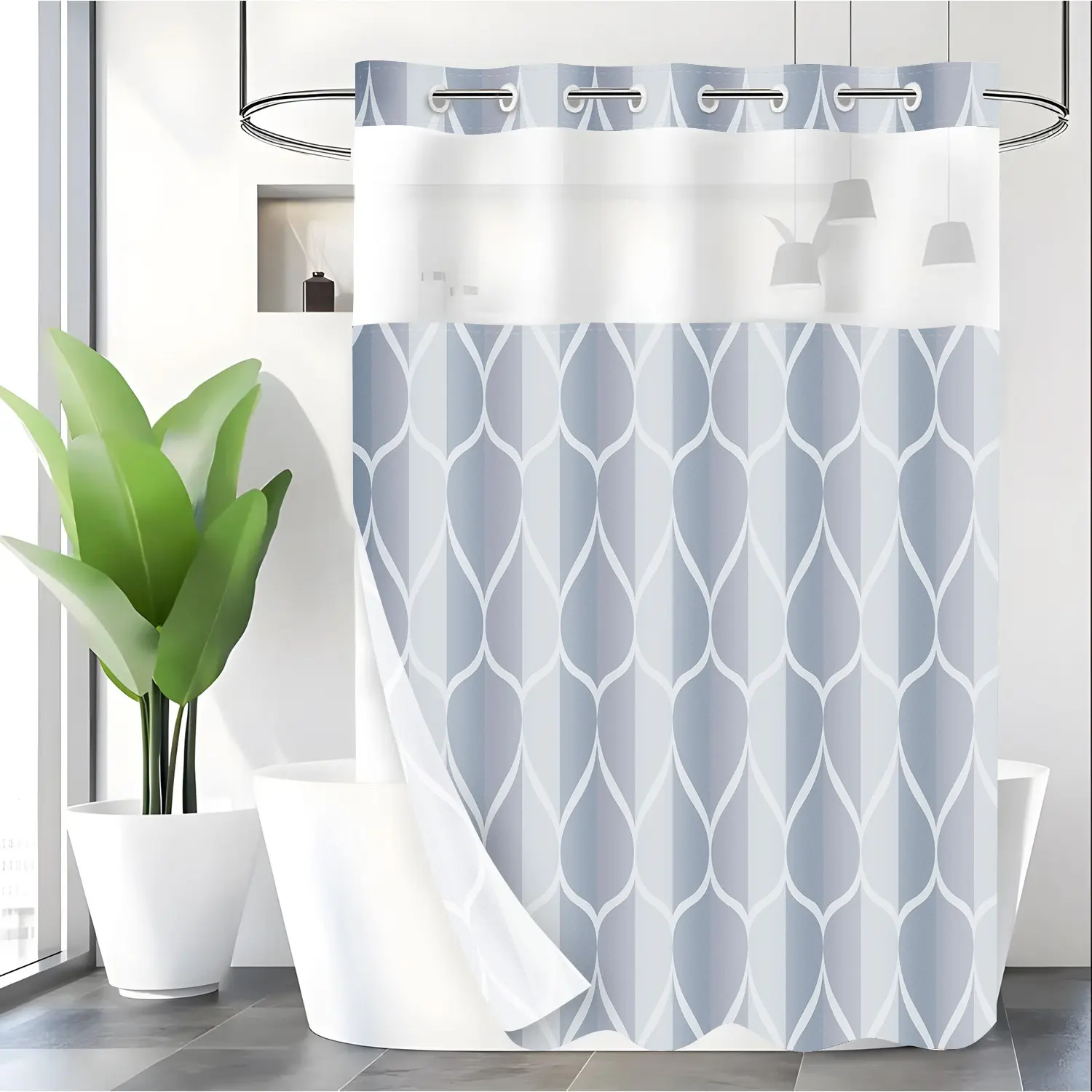 LVRLVR 1pc Grey Blue Geometric Shower Curtain, Modern Ogee Print, Sheer Top Window, Detachable Liner & No Hook C-Ring, 70.8" x 74"