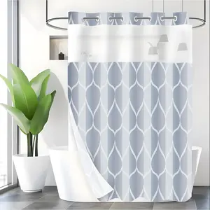 LVRLVR 1pc Grey Blue Geometric Shower Curtain, Modern Ogee Print, Sheer Top Window, Detachable Liner & No Hook C-Ring, 70.8" x 74"