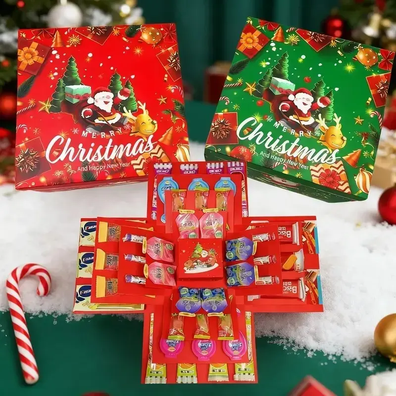 Five-Layer Christmas Surprise Gift Box with Ribbon, Reusable Holiday Packaging for Candy, Snacks, Small Gifts, Perfect for Christmas, Birthday, and More