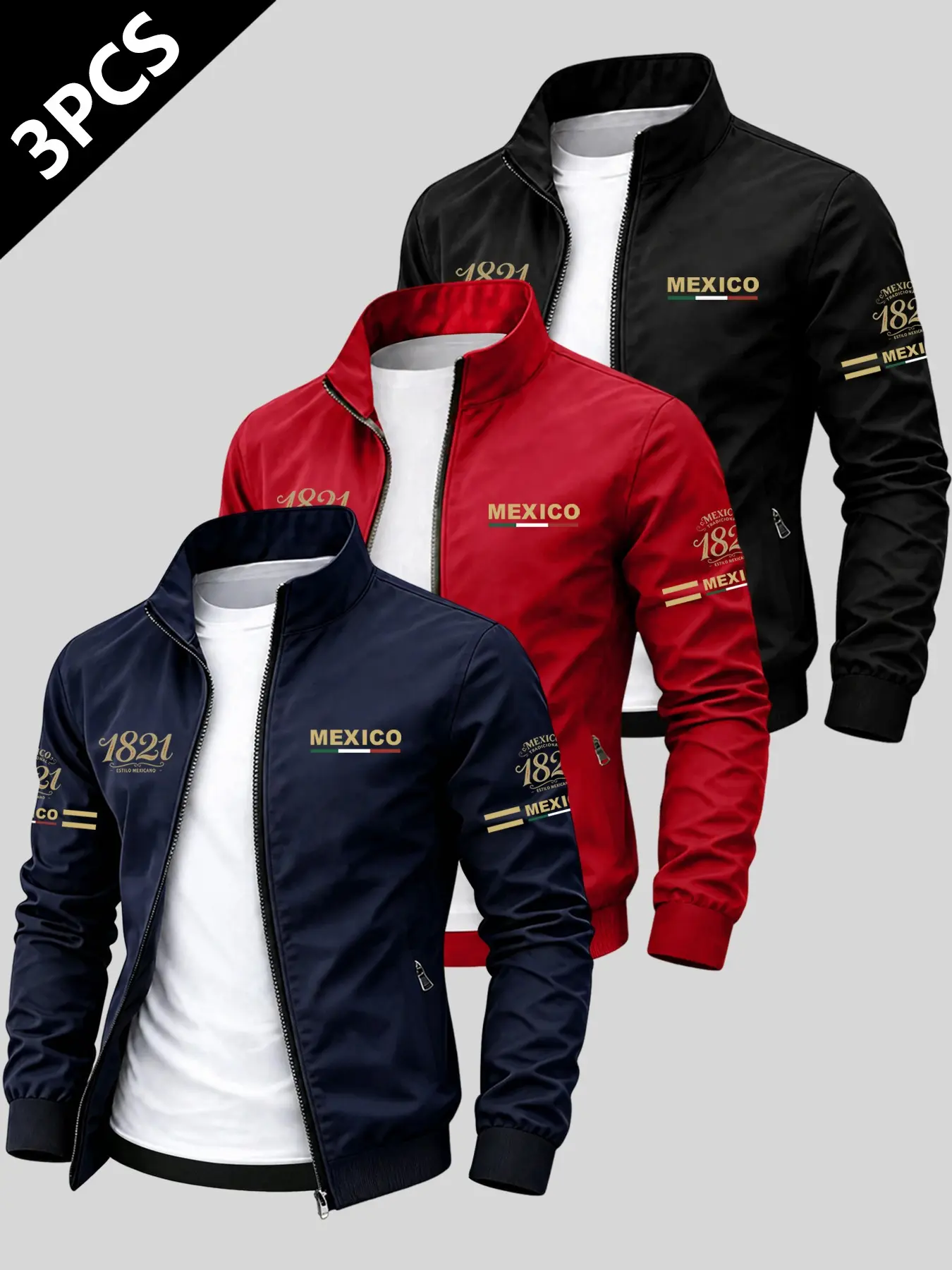 3-Pack Mexico Theme Men's Lapel Windbreaker Jacket, Lightweight Breathable Lining, Spring & Fall Wear, Casual Street Style, Outdoor Travel