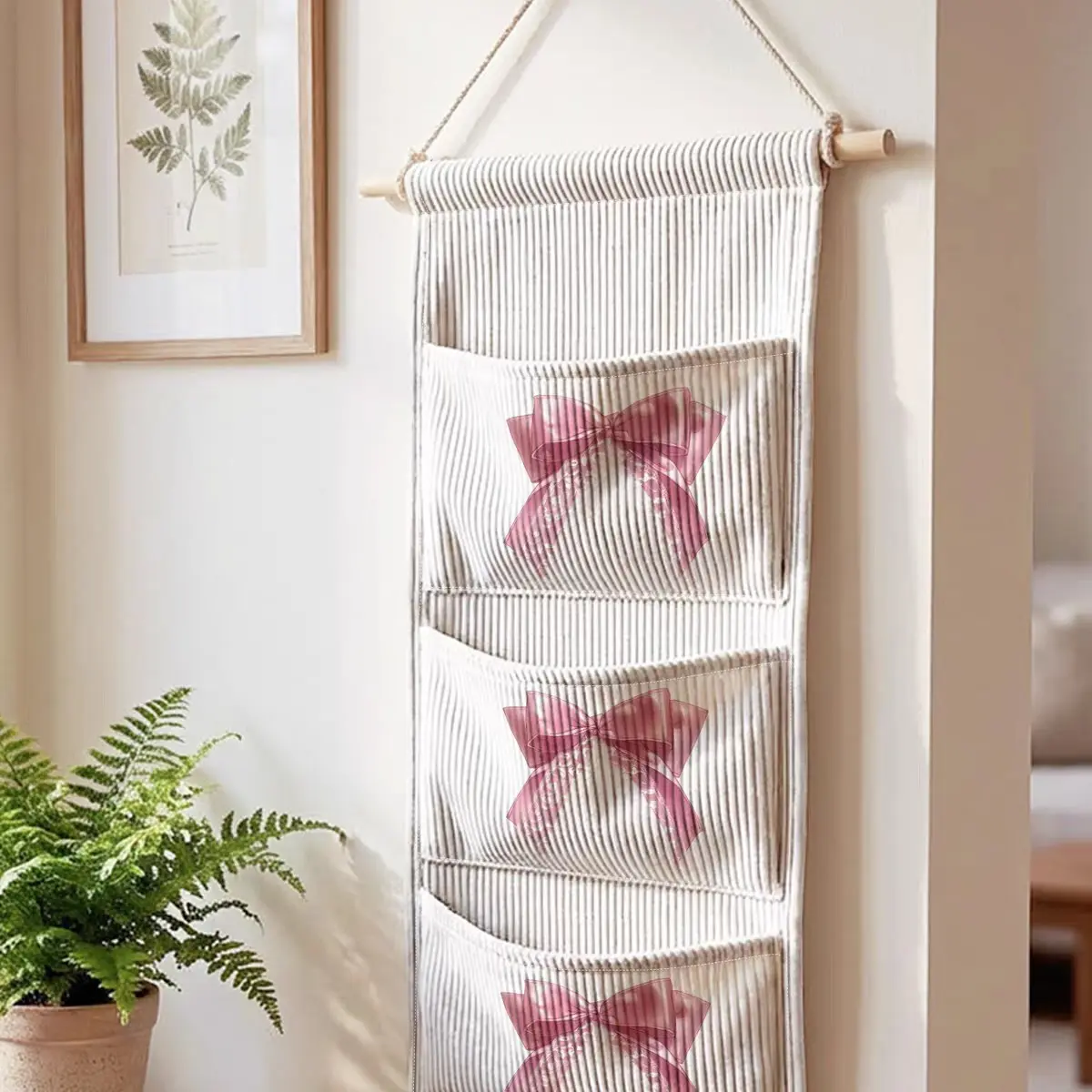 Three-Compartment Wall-Mounted Storage Bag, Cute Bow Print Vertical Fabric Hanging Pouch, Bedroom Entryway Desk Small Item Organizer