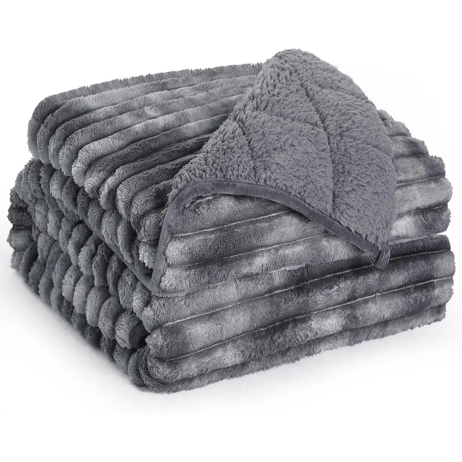 Ultra-Soft Weighted Blanket for Adults(15 lbs, 60” x 80” Queen Size) | 3D Striped Sherpa Fleece Reversible Heavy Blanket with Glass Beads, Perfect for 140-190 lbs, Machine Washable, Tie-dye Grey