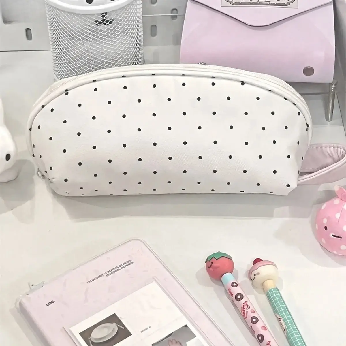 Cute Polka Dot Large Capacity Canvas Pencil Case For Girls, Double Layer Multi Compartment Aesthetic Stationery Organizer, Portable Zipper Storage Pouch Dual Use For Back To School Supplies Travel Cosmetics Office Sundries And Daily Small Item Arrangement