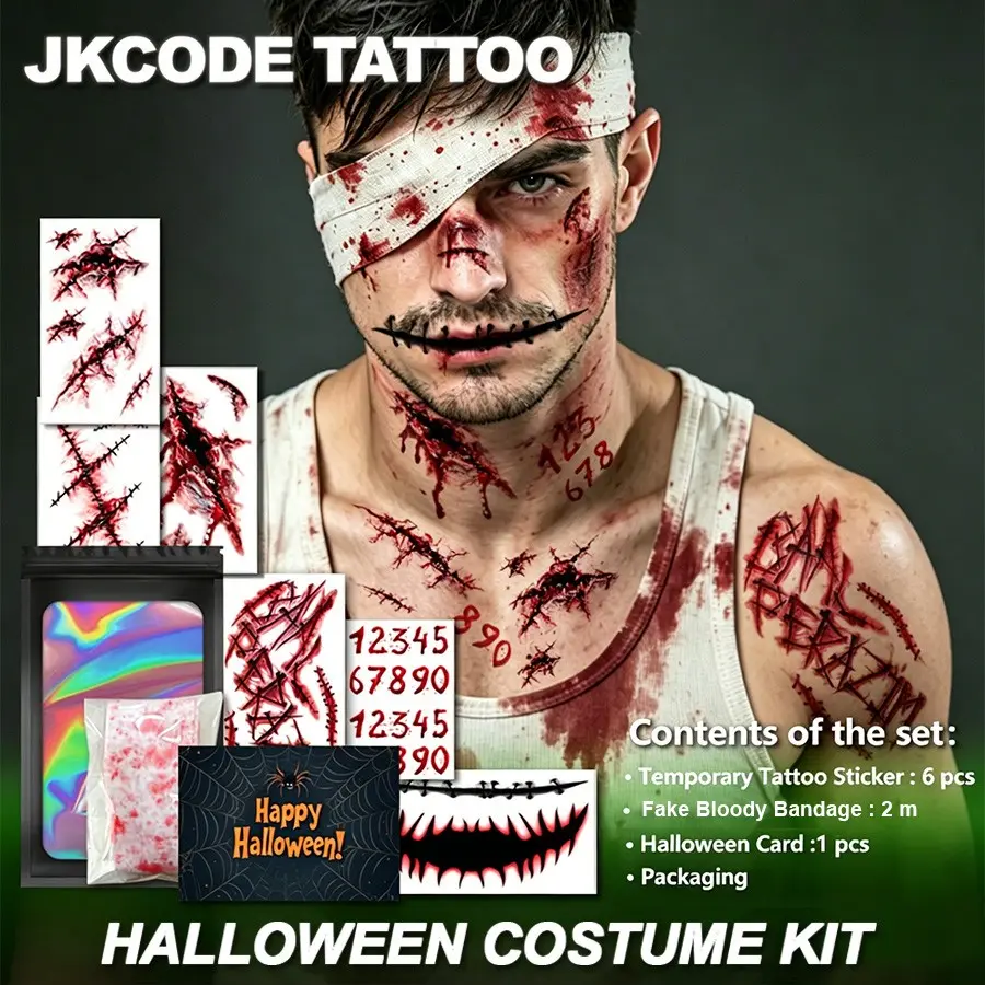 Halloween Horror Costume, Halloween Tattoo Gift Box | Horror Scar Tattoo Kit, 6 Sheets Halloween Temporary Tattoos With Fake Bloody Fabric Decoration, Party Costume Accessory for Women And Men, Scar Stitching Pattern, Horror Costume For Party Favors