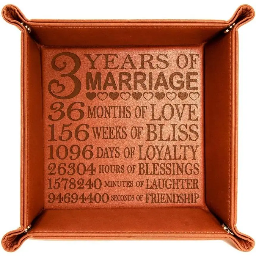 3 Years of Marriage Engraved Leather Catchall Valet Tray, Our 3rd Wedding Anniversary, 3 Years as Husband & Wife, Gifts for Her, for Him, for Couples (Rawhide)