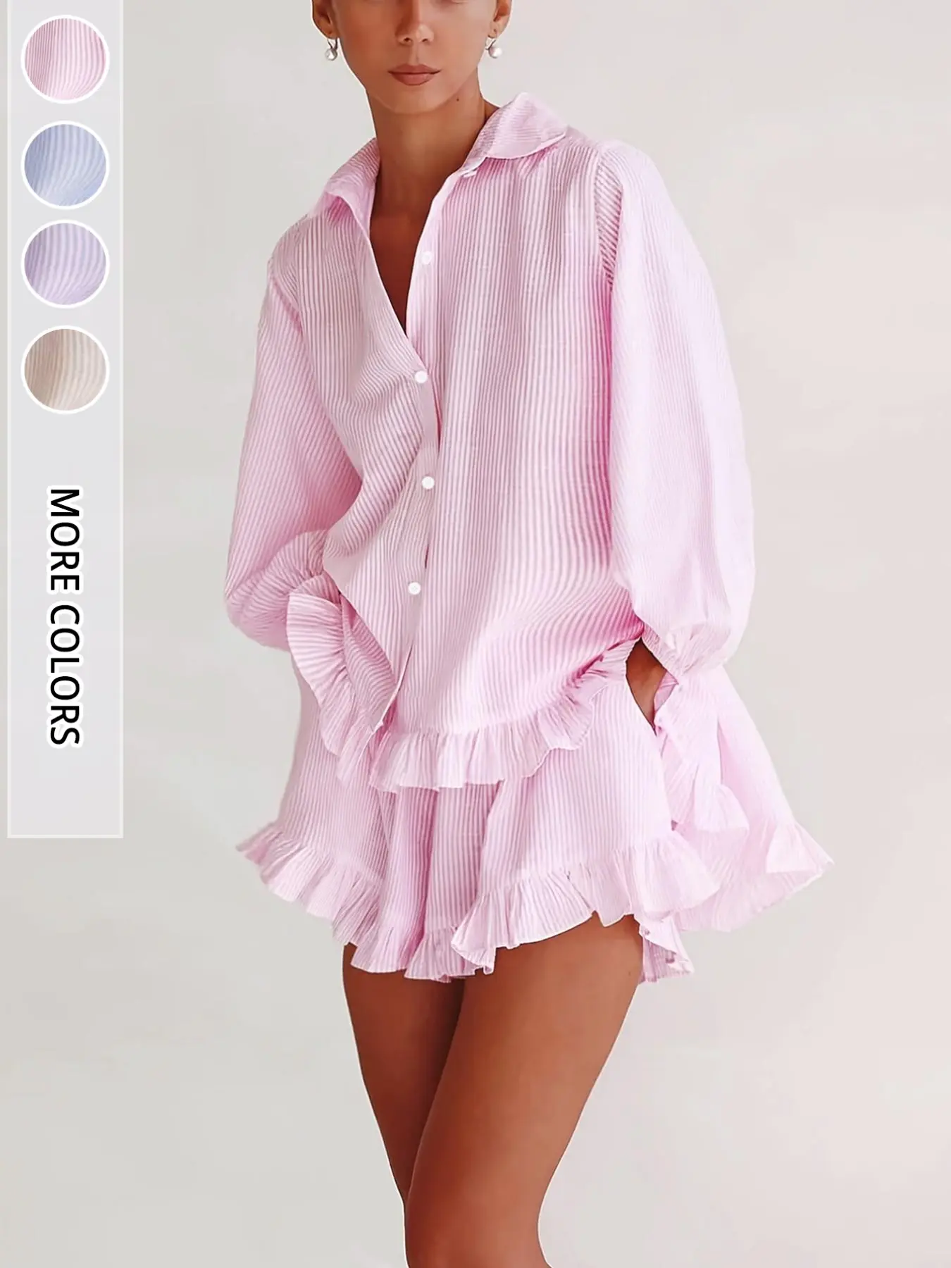 New French Style Soft Casual Aesthetic Vacation Striped Two-Piece Set, Turn-Down Collar Bubble Sleeve Loose Ruffled Shirt Blouse, High-Waist Wide Leg Short Pants for Women