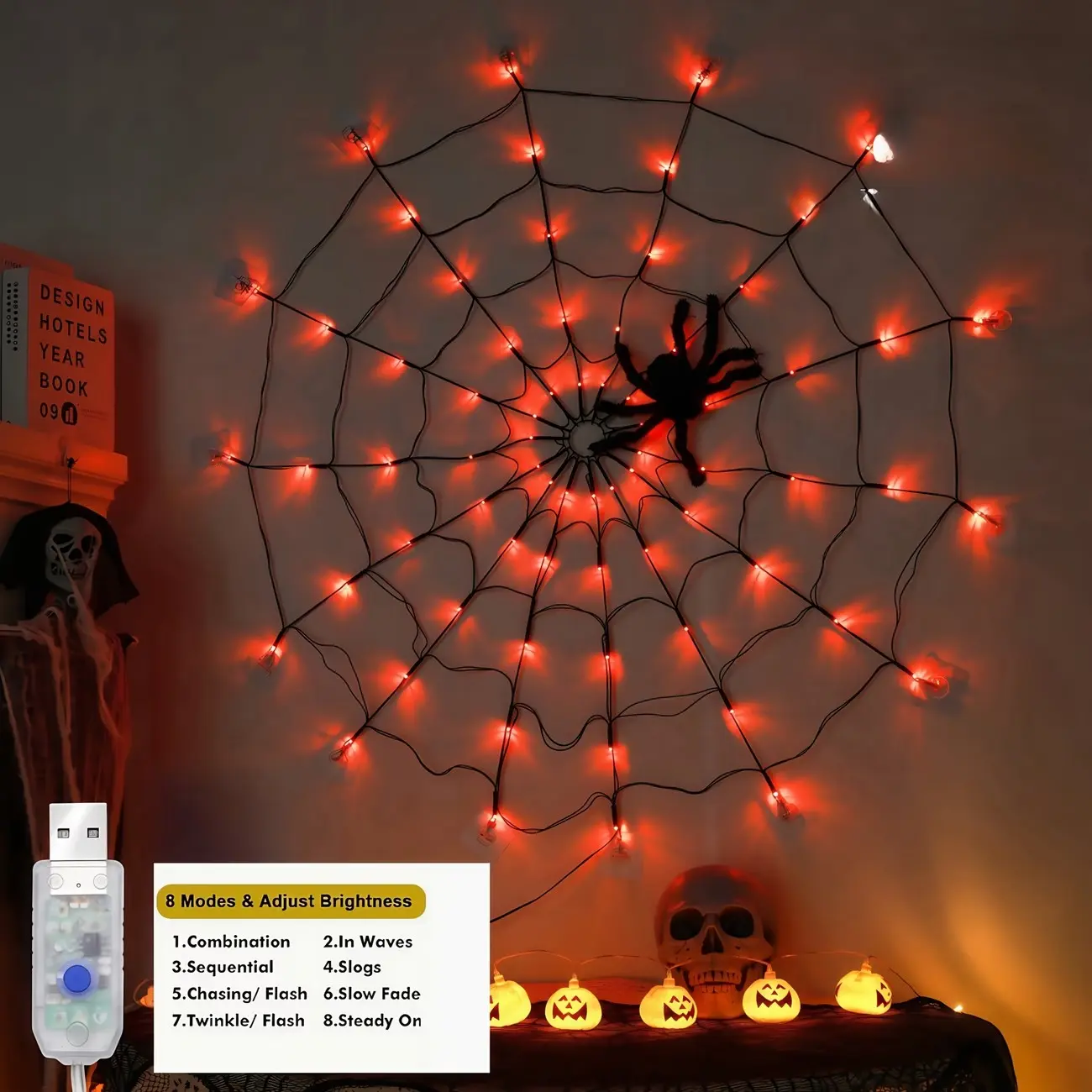 Halloween LED Spider Web Light with Large Spider Accessory, 70 Leds, USB Powered, 8 Modes, PVC & Metal, Decorative Lights, Party, Bedroom, Garden Decor