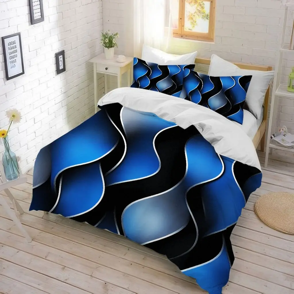3Pcs Modern Abstract Blue Wave Duvet Cover - Geometric Pattern Soft Microfiber Bedding (1 Cover+2 Pillowcases, Unfilled) for Bedroom Guest Room Home Decor, Queen Size