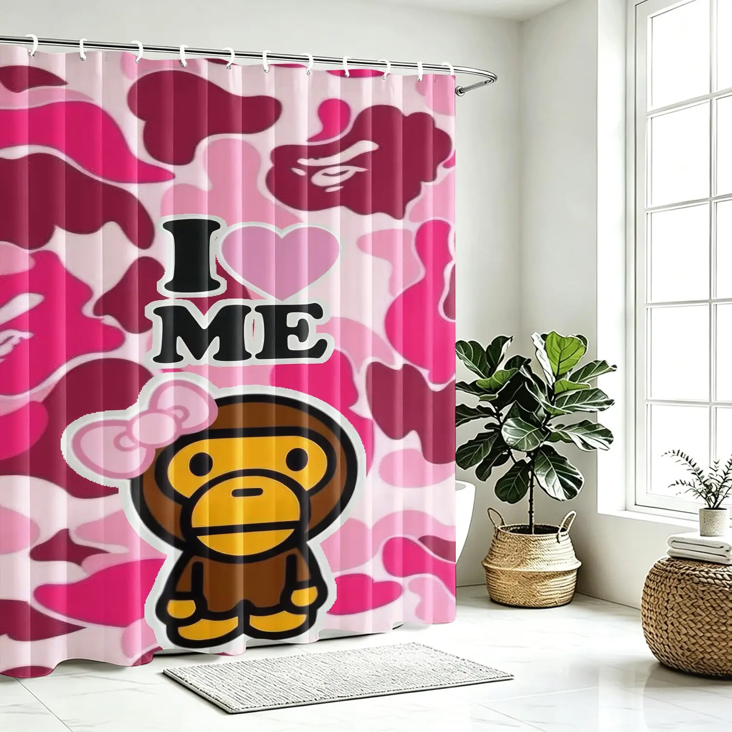 Camo Monkey Pattern Shower Curtain, Digital Print Waterproof  Shower Curtain, Easy Install Hooks Included, Trendy Streetwear Themed Bathroom Decor, Machine Washable