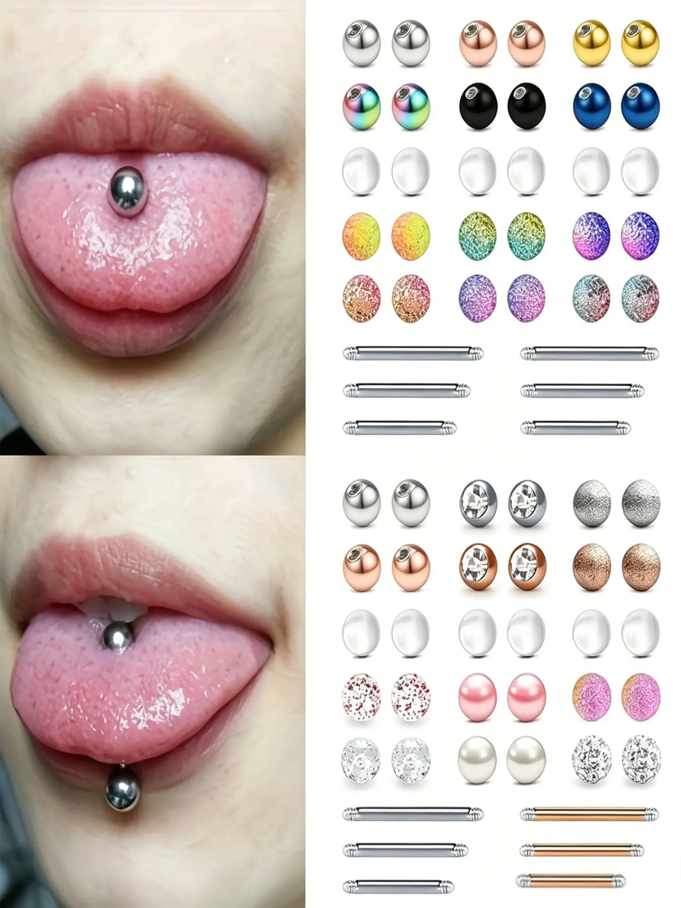 316L Stainless Steel Tongue Ring Replacement Ball Set, Multi-Color Acrylic CZ Heart Spike Replacement Beads, 12/14/16mm Straight Barbell Tongue Piercing Jewelry Kit for Tongue Nipple Body Piercing Mouth Jewelry