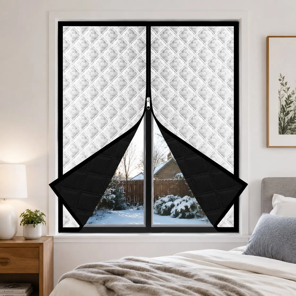 All-in-One Winter Window Insulation Kit with Zipper Opening, Self-Adhesive No-Drill Blackout Curtain for Draft Reduction, Noise Control, Bedroom, Living Room and Balcony