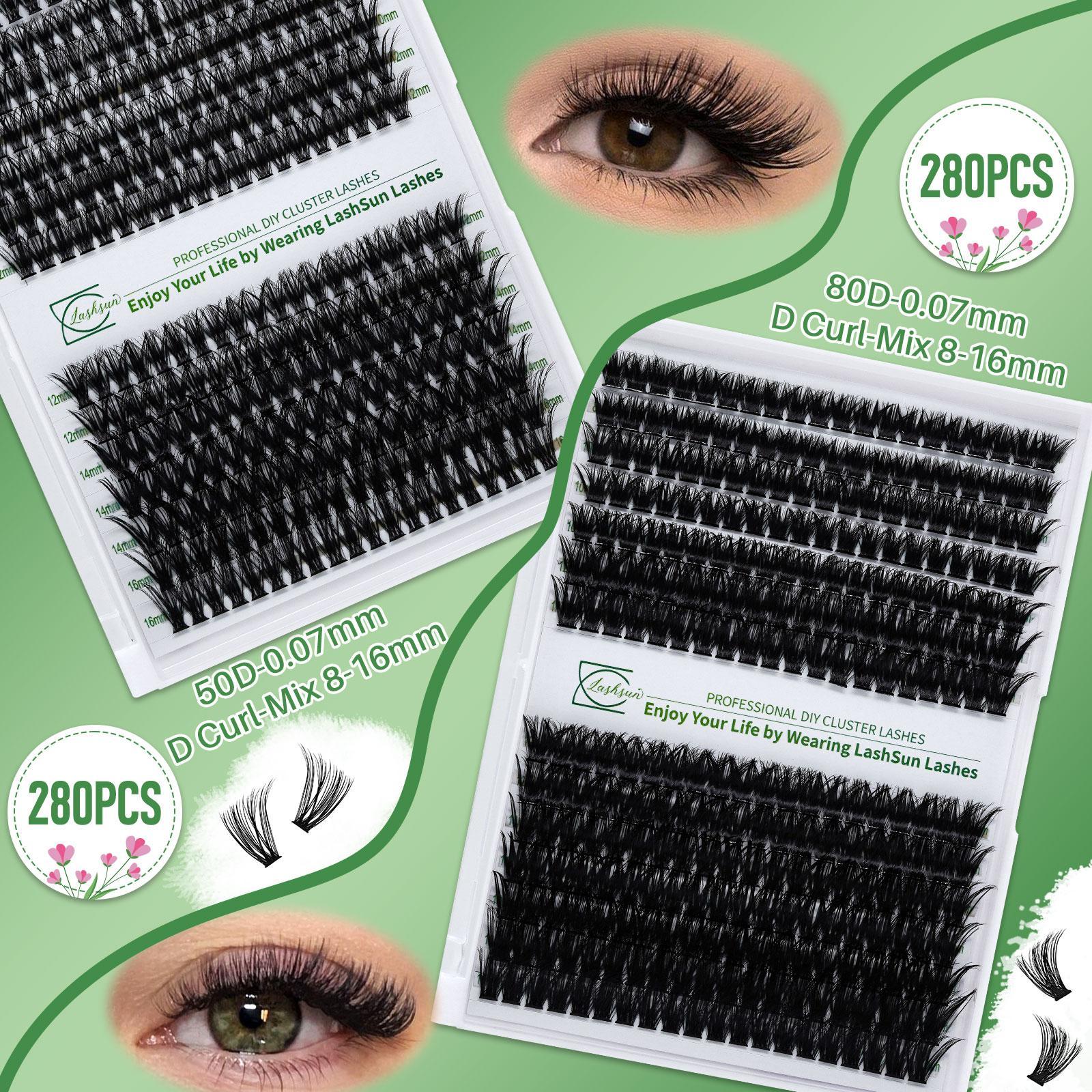 Eyelash Extension Kit, 280-Piece False Eyelash Set with 2 Glues, 2 Eyelash Removers, 2 Tweezers and 2 Brushes, Professional DIY Lash Cluster Eye Makeup Tool