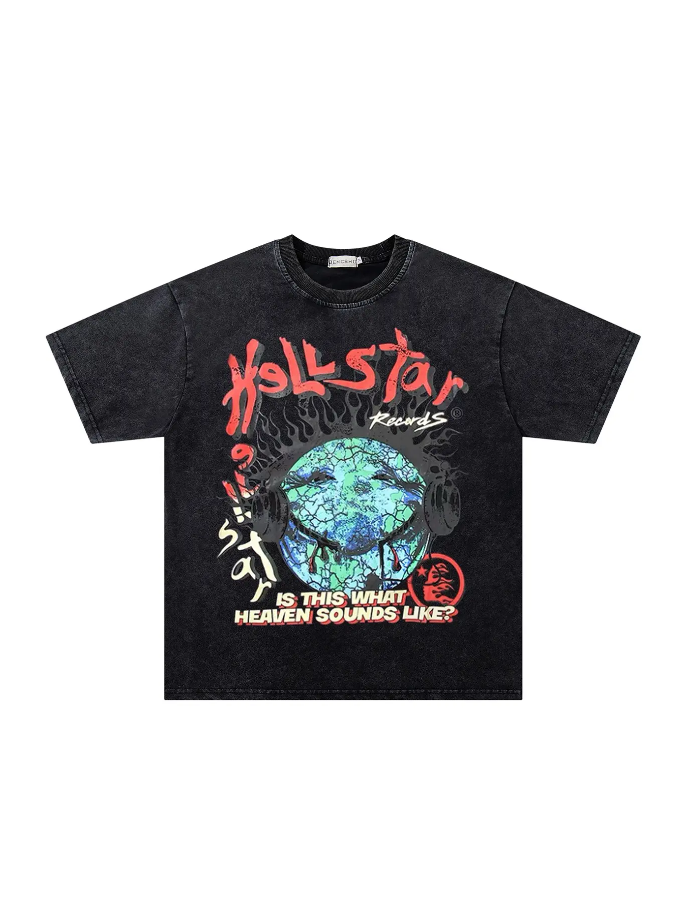 Men's Summer Fashion T-Shirt, Vintage Washed Tie-Dye Blue Earth Earphone Flame Star Print, Casual Short Sleeve Top, Trendy Streetwear