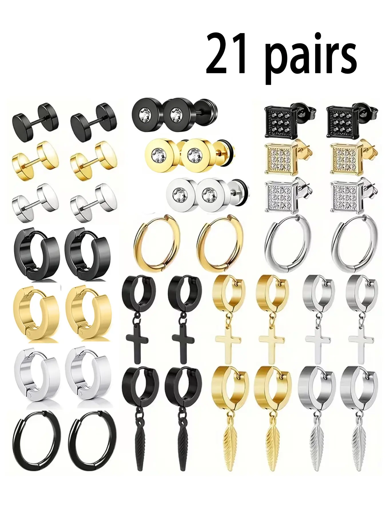 21 Pairs Men's Stainless Steel Earrings, Low Allergy Cross Hinged Earrings, Unisex Punk Style Earrings, Piercing Jewelry Set, Earring Pack