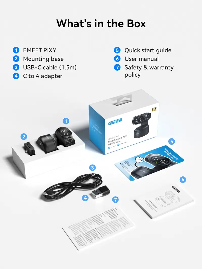 EMEET PIXY Wired 4K AI PTZ Webcam - AI-Powered, 0.2s PDAF Autofocus, 1/2.55'' Sensor, 3 Mics, Privacy Mode, Gesture Control, Audio-Enabled for Streaming/Vlogging, PC Accessories, Switch Gaming/OBS Use
