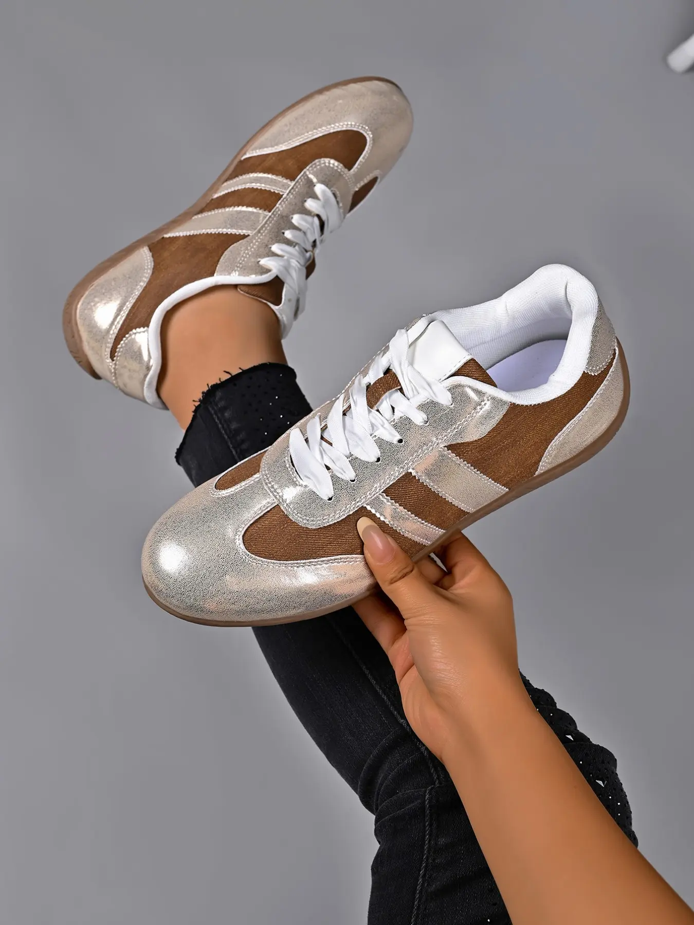 Women Retro Shiny Metallic Silver Color & Coffee Denim Patchwork Sneakers, Gum Rubber Flat Sole, Lace Up Casual German Trainers