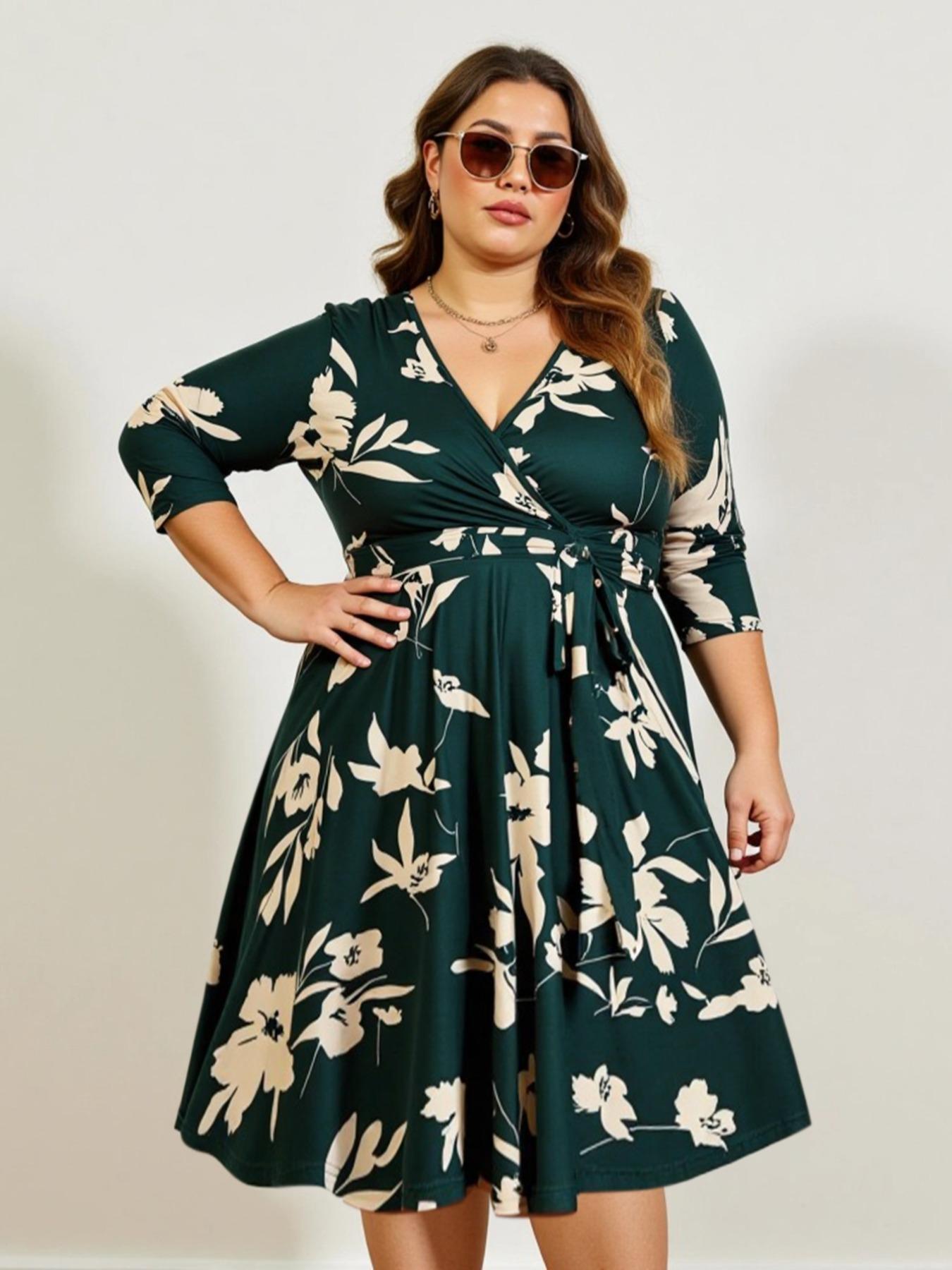 【Plus Size】Trendy Plain Wrap V Neck Belted A Line Plus Size Dress, Women's 3/4 Length Sleeve Solid Dress, Fall Outfit