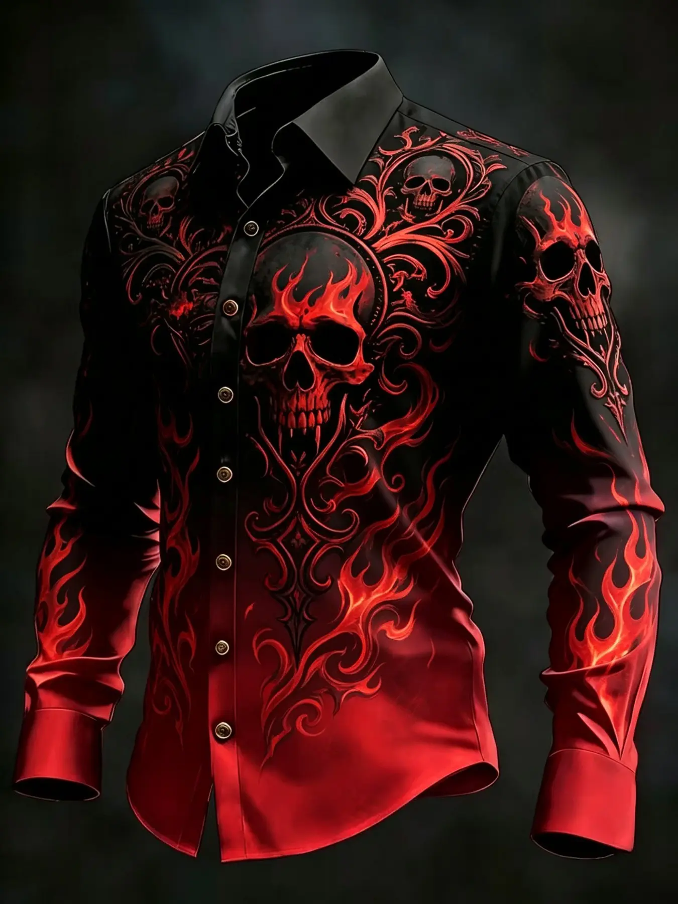 Men's Long Sleeve Shirt, All Over Printed Flame Skull Digital Print, Casual Fitted Top, All Seasons, Party, Festival, Daily Wear, Night Out